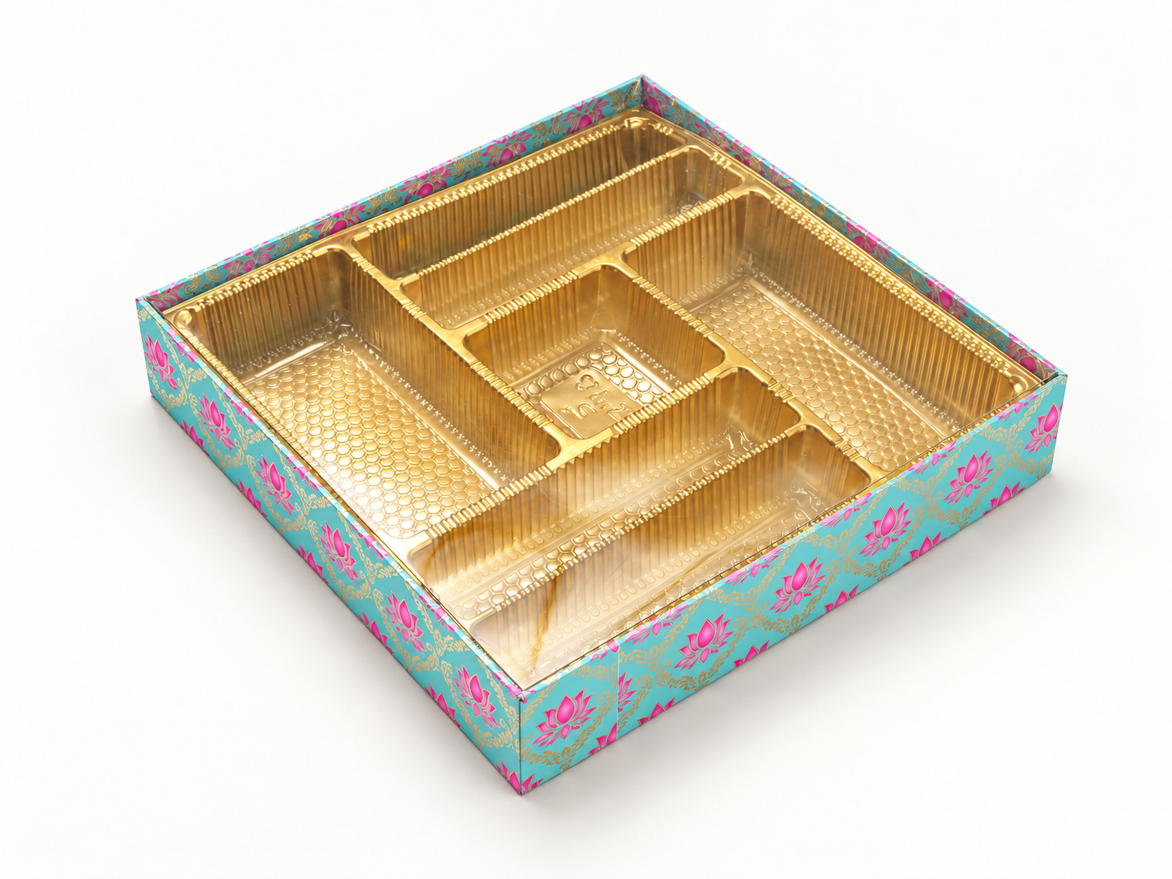 Turquoise lotus-pattern gift box with a clear lid revealing its gold-coloured compartment tray.