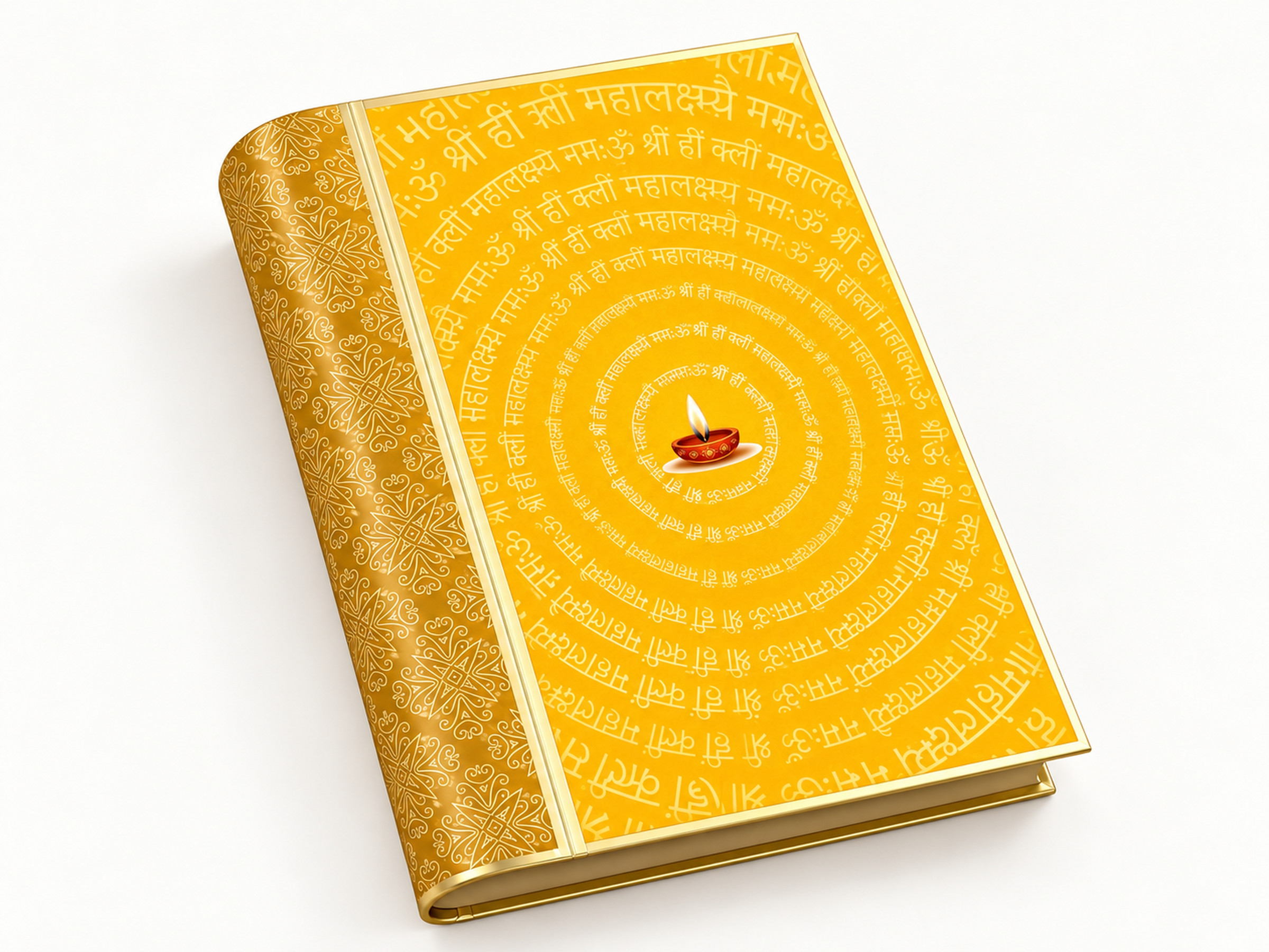 Closed yellow book-style gift box with a central diya illustration, circular Devanagari lettering and a patterned gold-coloured spine.