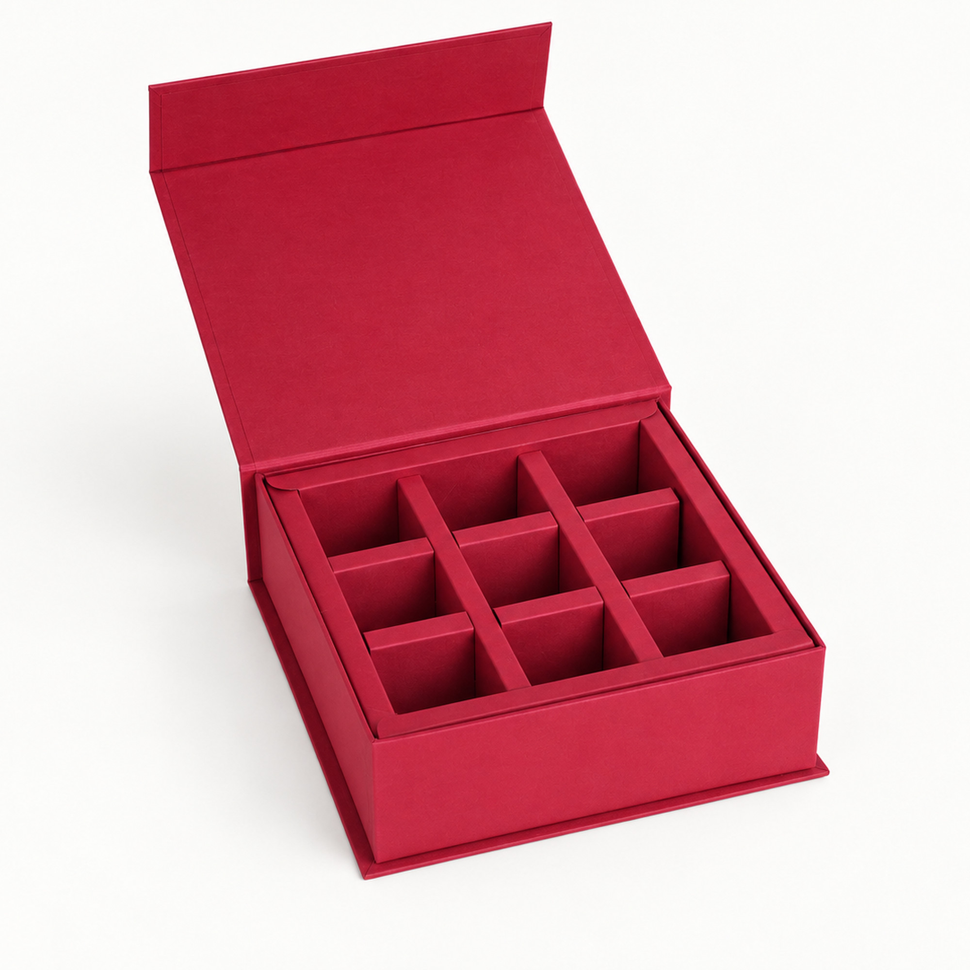 Cropped detail of the burgundy nine-compartment gift box.