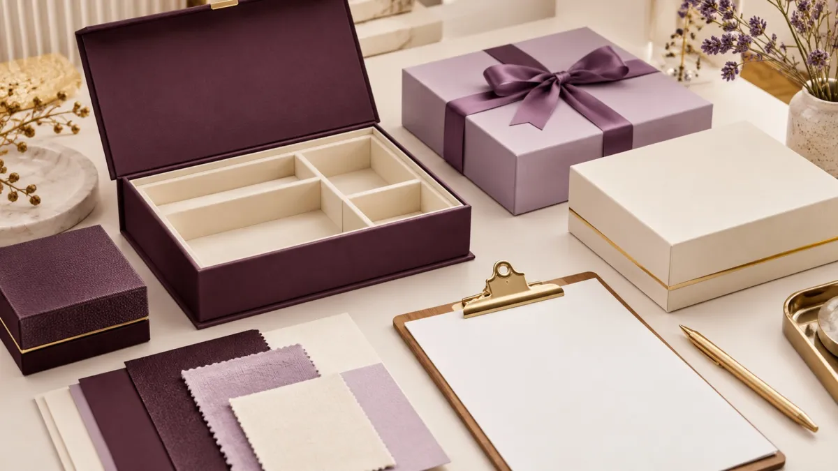 Packaging samples with an empty insert, artwork swatches and a consultation clipboard.