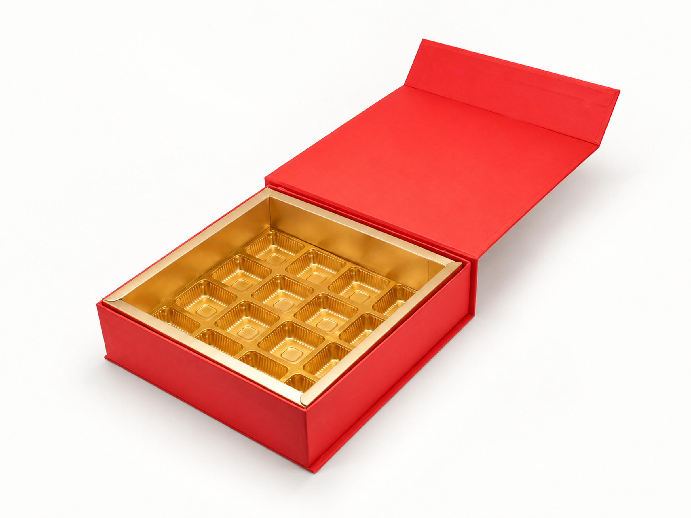 Open red square chocolate gift box with a gold-coloured cavity insert and a raised red flap lid.