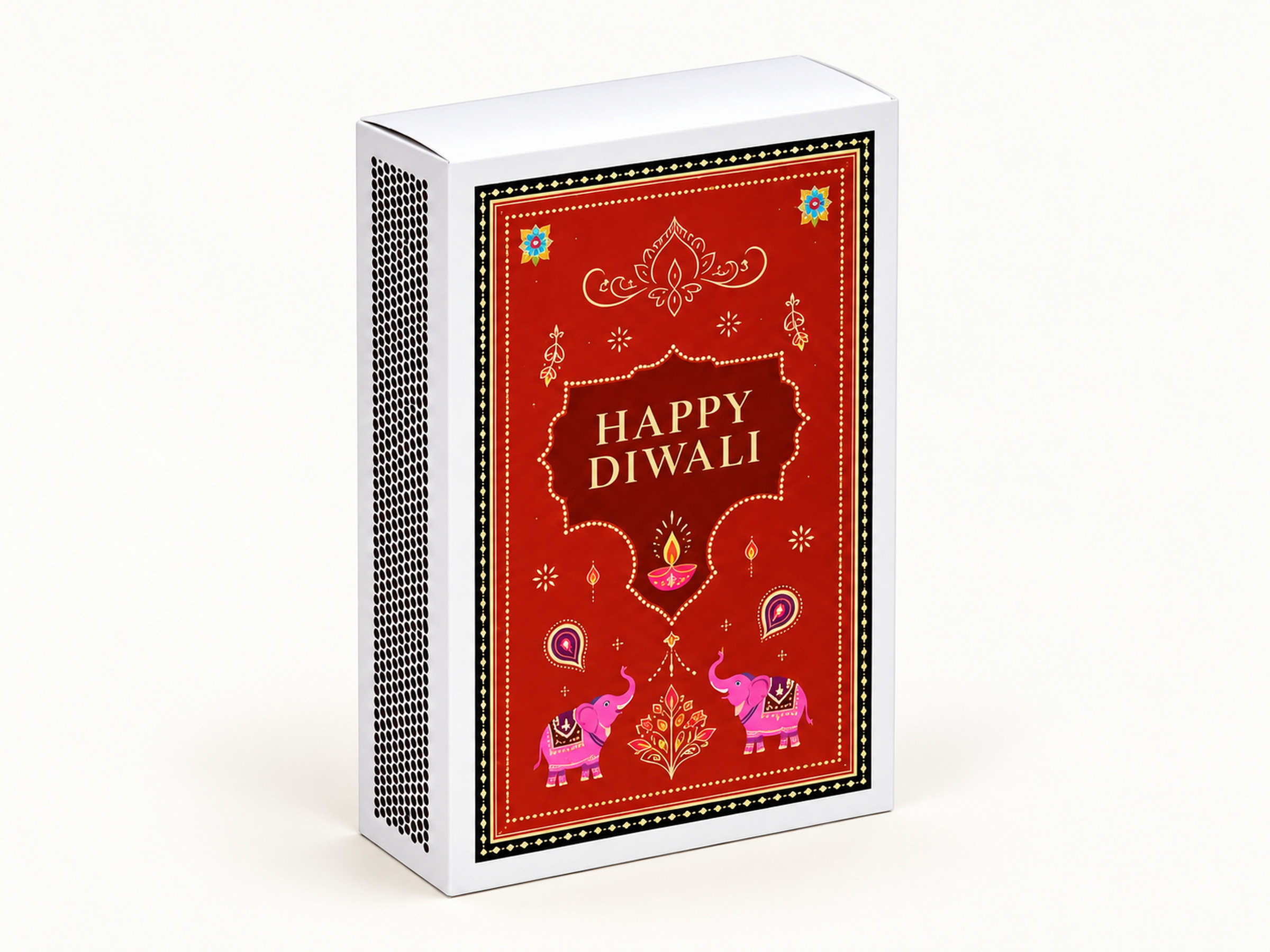 White sleeve gift box with red Diwali artwork, pink elephants and black dotted side panels.