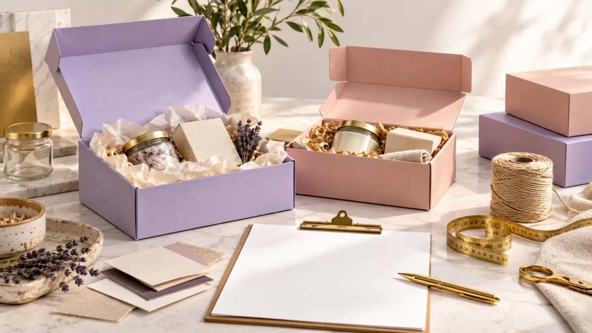 Open lavender and blush gift boxes with jars, measuring tape and a packaging brief.