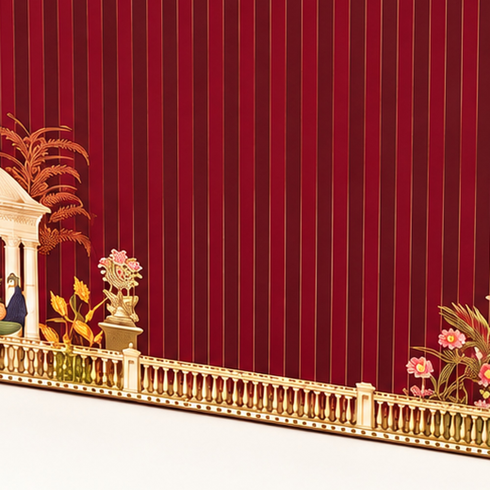 Close-up of the printed palace-garden artwork on the hamper packaging.