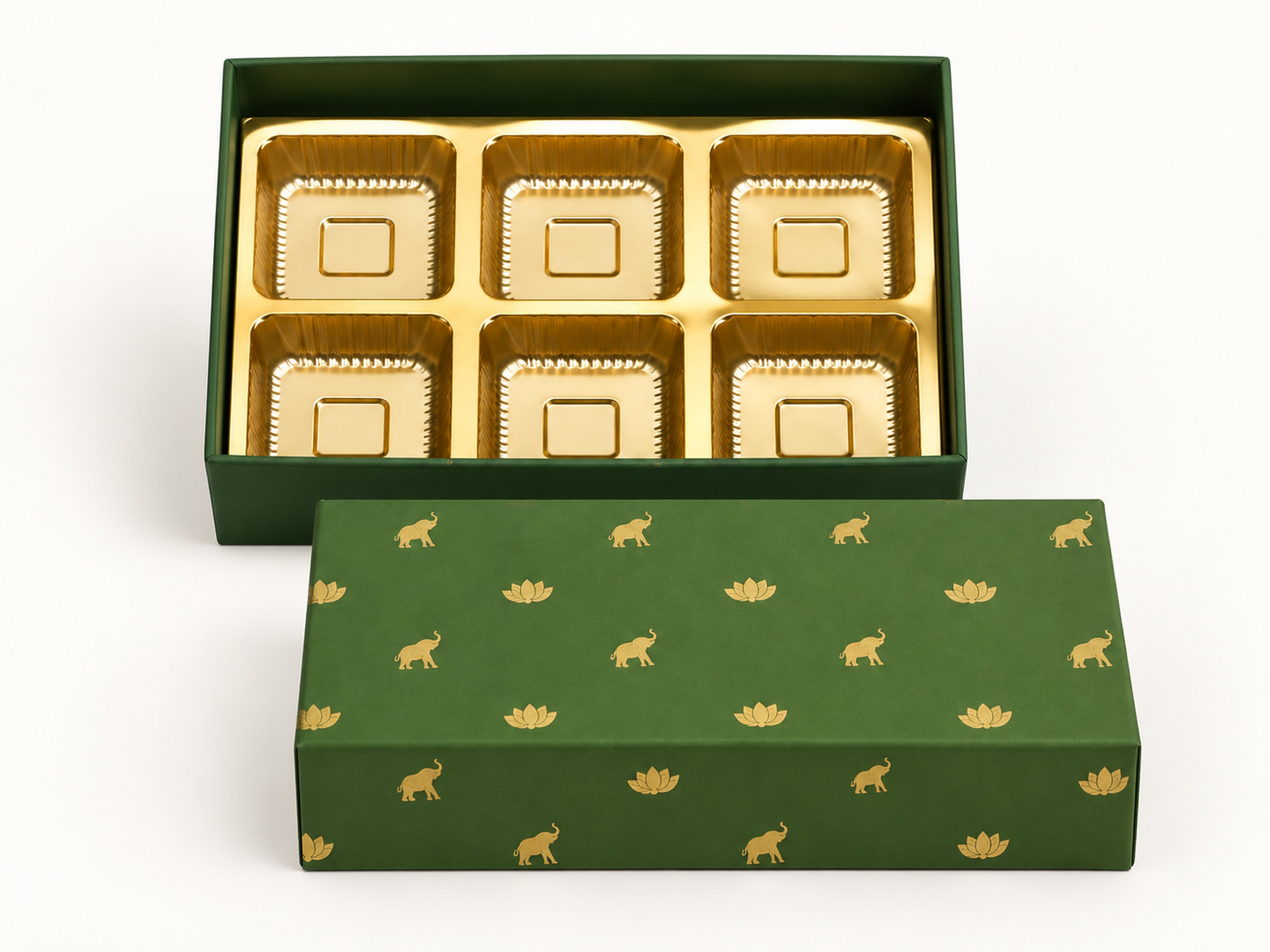 Olive green sweet box with gold-coloured elephant and lotus motifs, detached lid and a six-cavity insert.