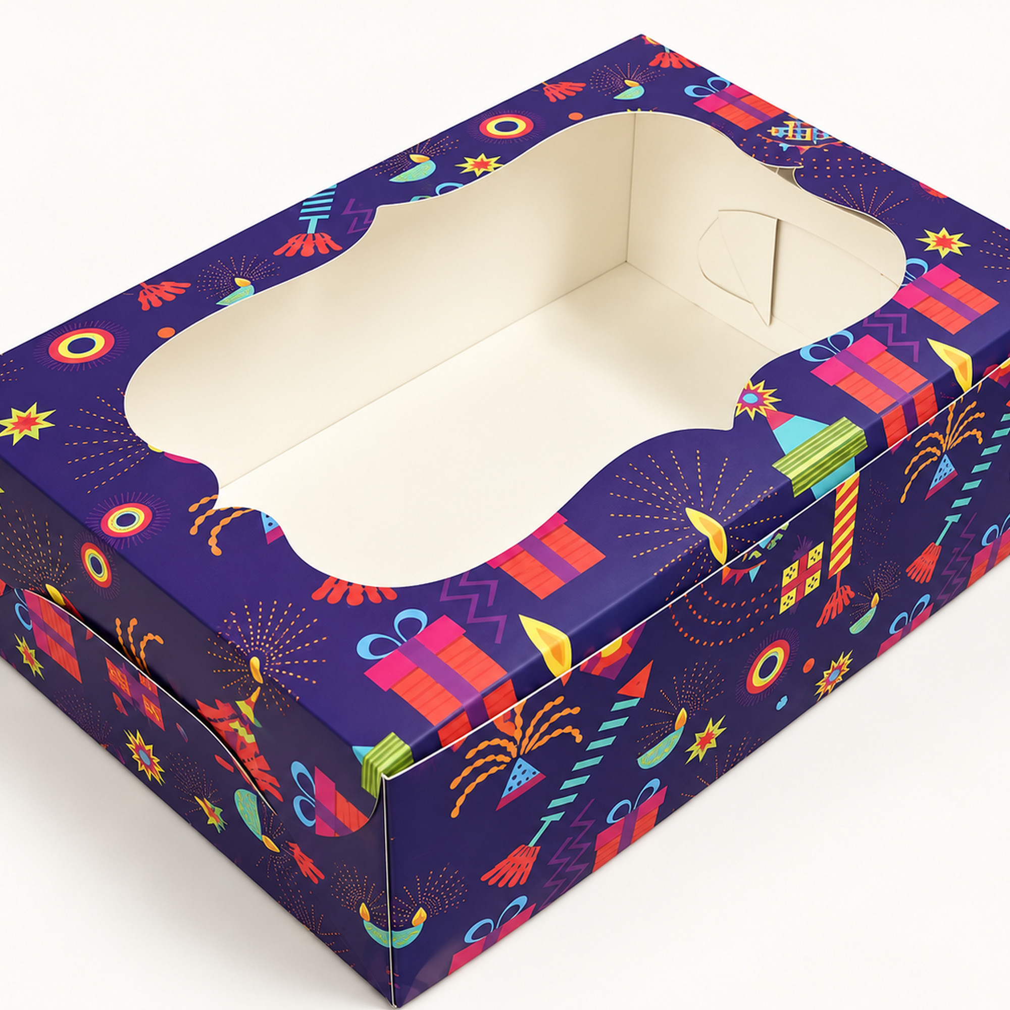 Cropped detail of the festive confetti window gift box.