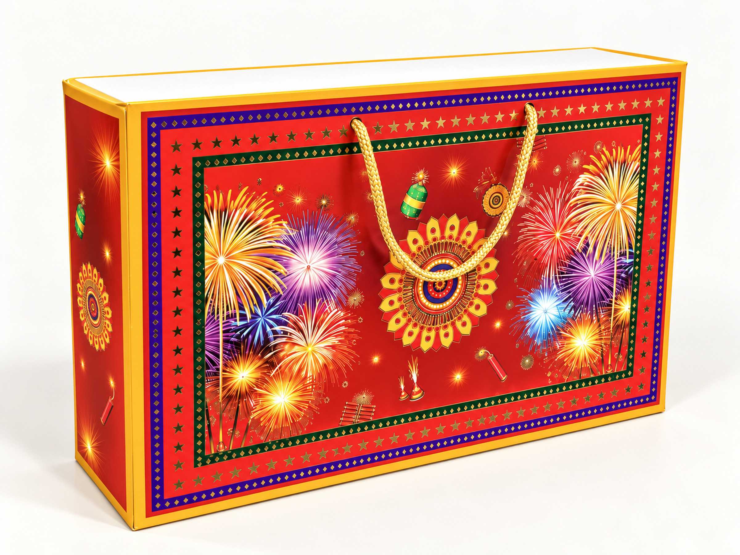 Red festive hamper box with colourful fireworks, a yellow border and gold rope handles.