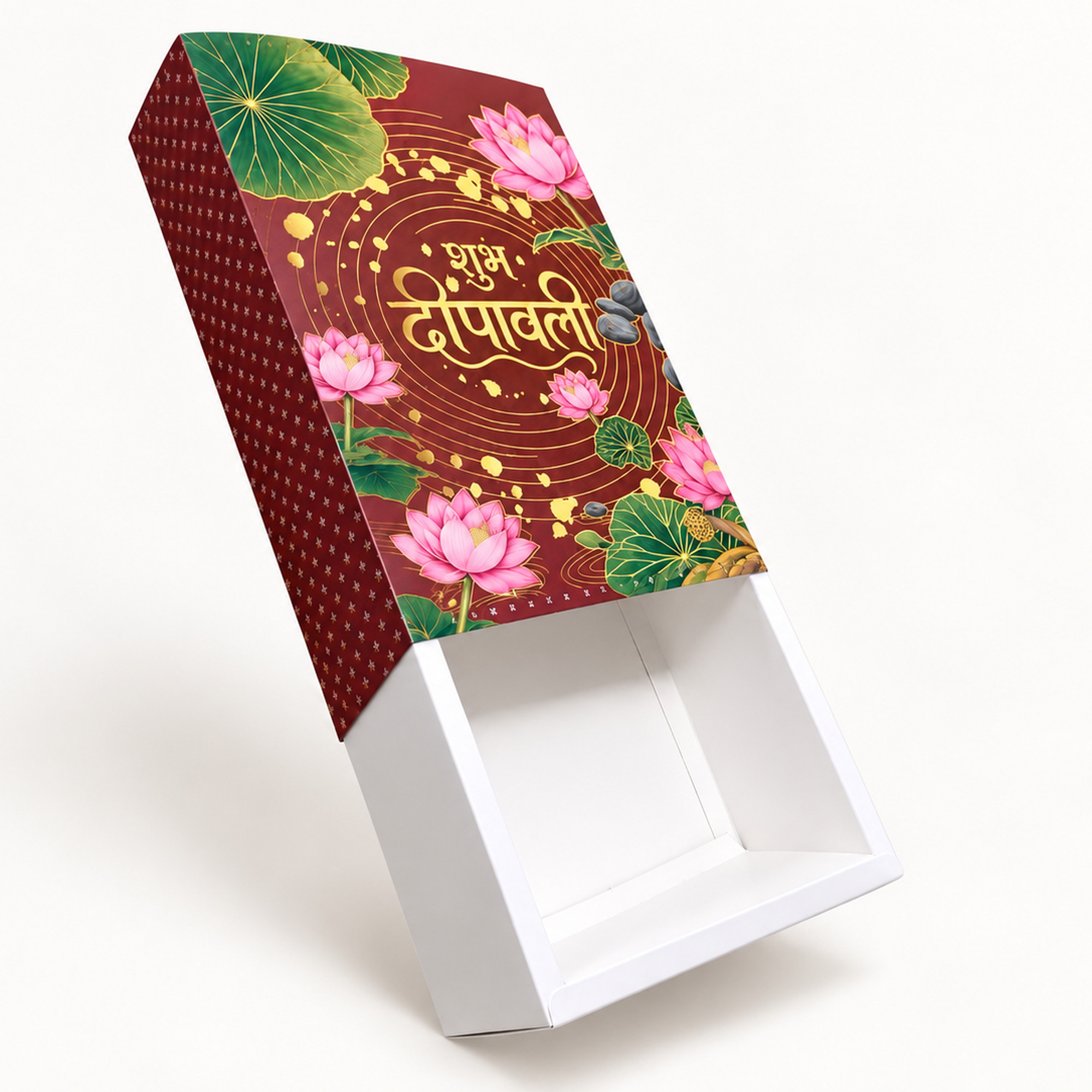Cropped detail of the burgundy lotus diwali sleeve gift box.