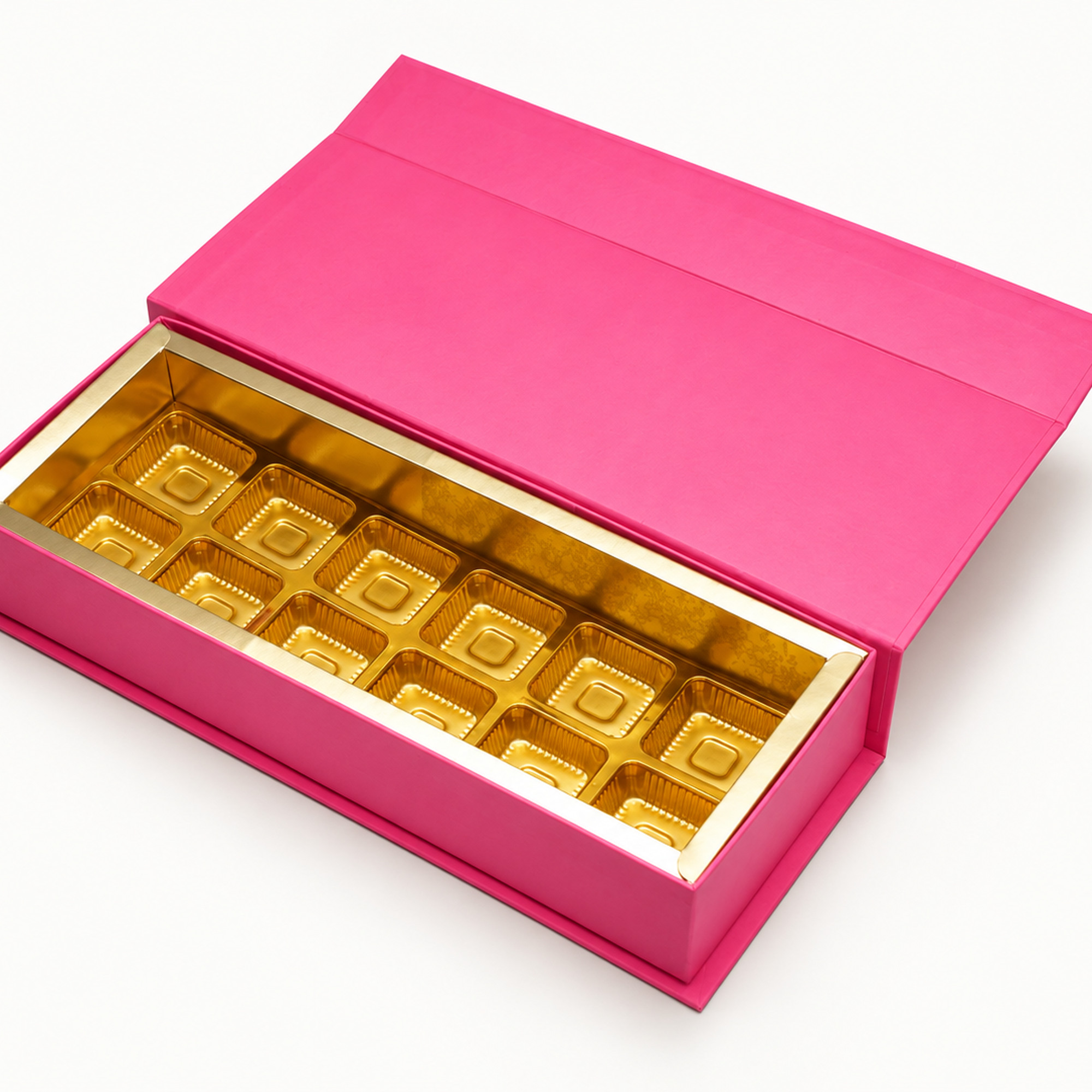 Detail of the pink & gold leaf rectangular chocolate gift box showing the gold-coloured insert.