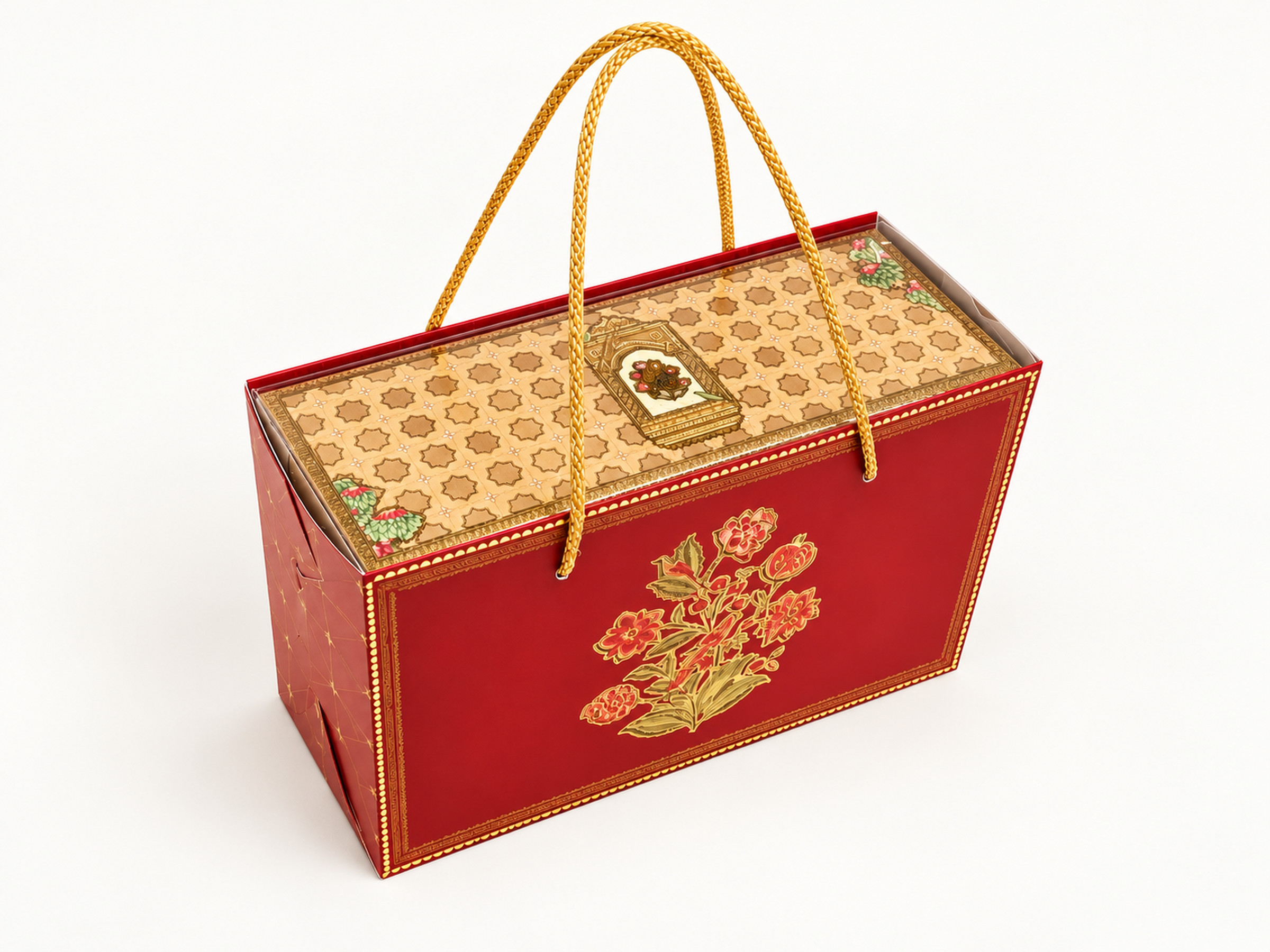 Red floral rope-handle hamper with a beige patterned tray fitted inside and gold-coloured braided handles.