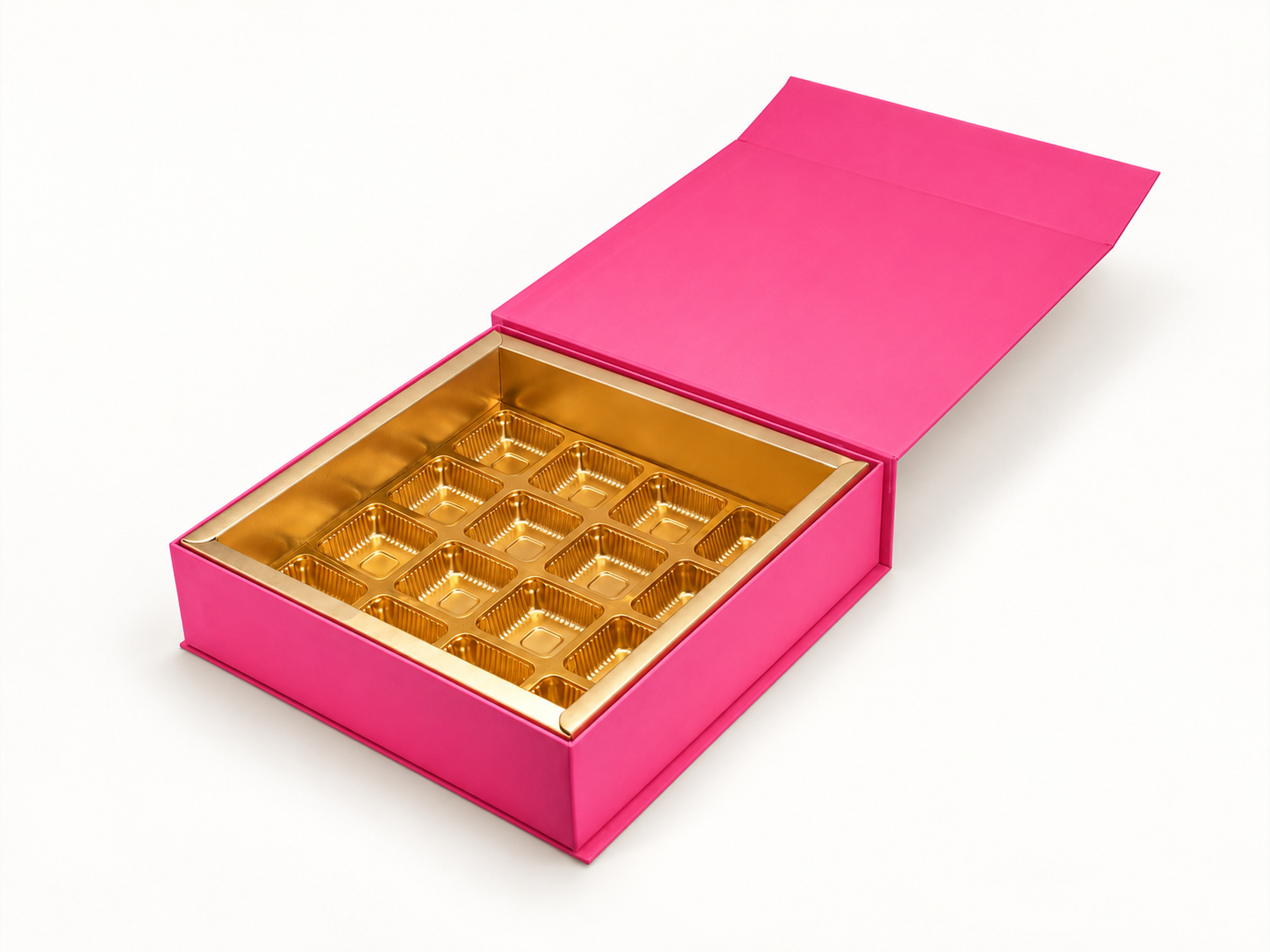 Open pink square chocolate gift box with a gold-coloured cavity insert and raised pink flap lid.