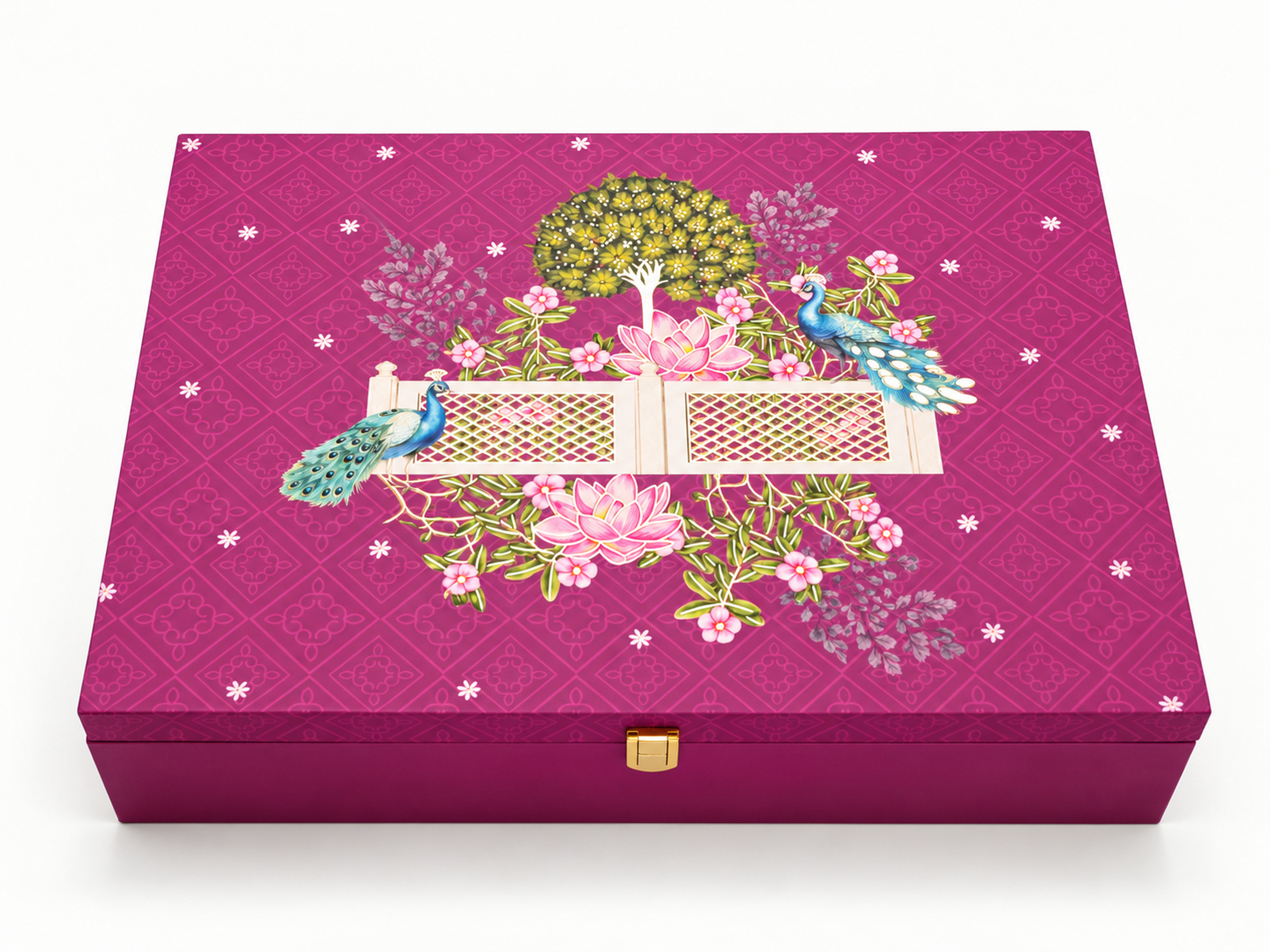 Closed magenta gift box with peacock and lotus garden artwork and a small gold clasp.