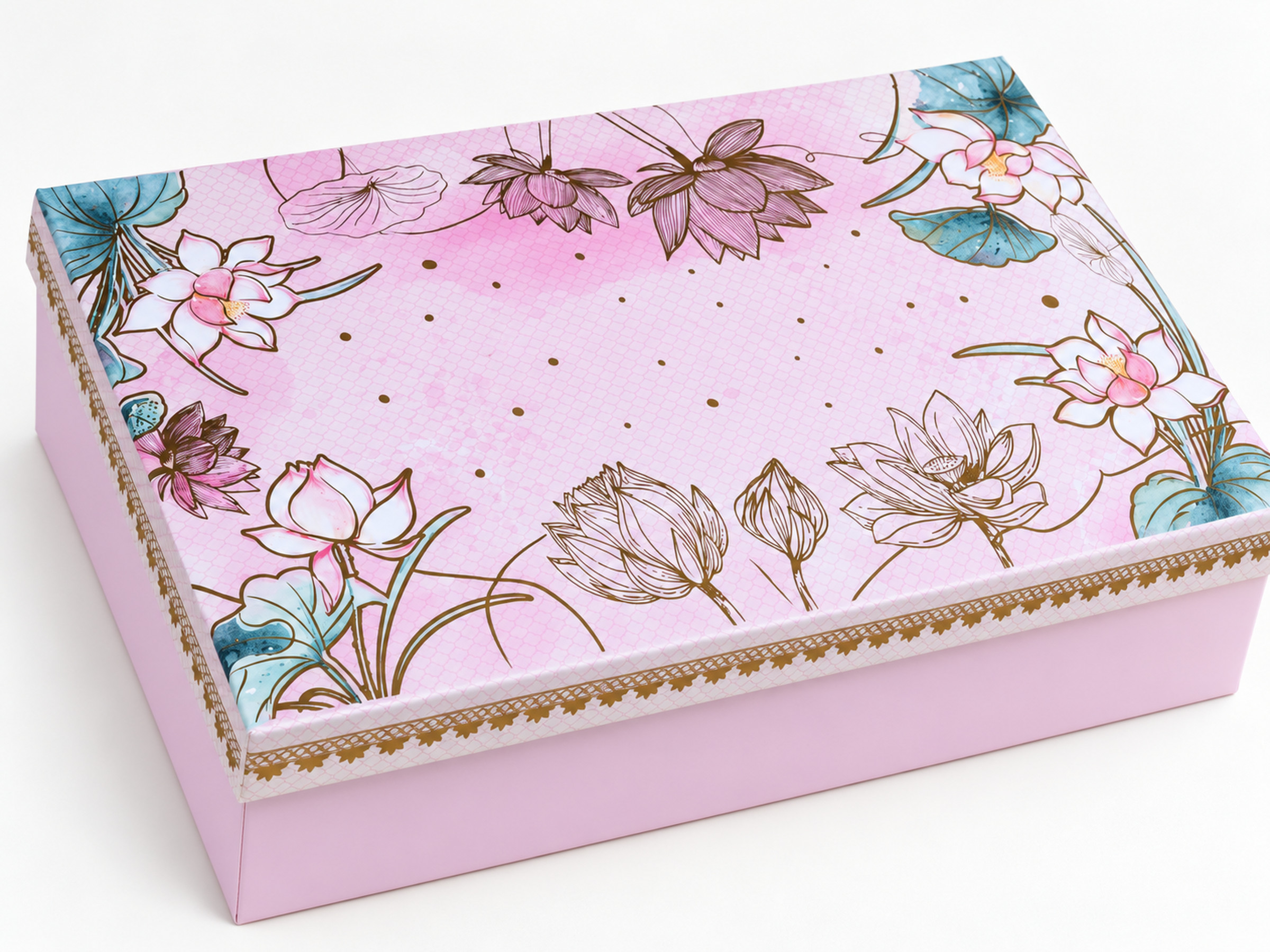 Close-up of the pink lotus-print gift box lid showing floral linework and its gold decorative border.