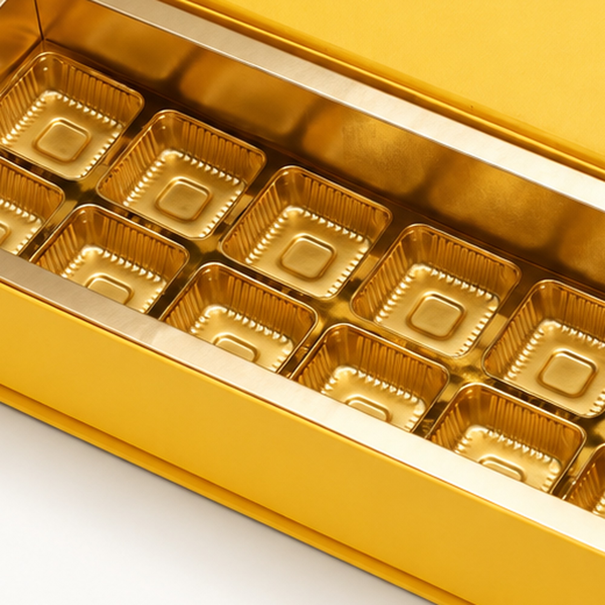 Open yellow sweet box with a raised lid and twelve gold cavities arranged in two rows of six. Close-up detail of the gold cavity insert.