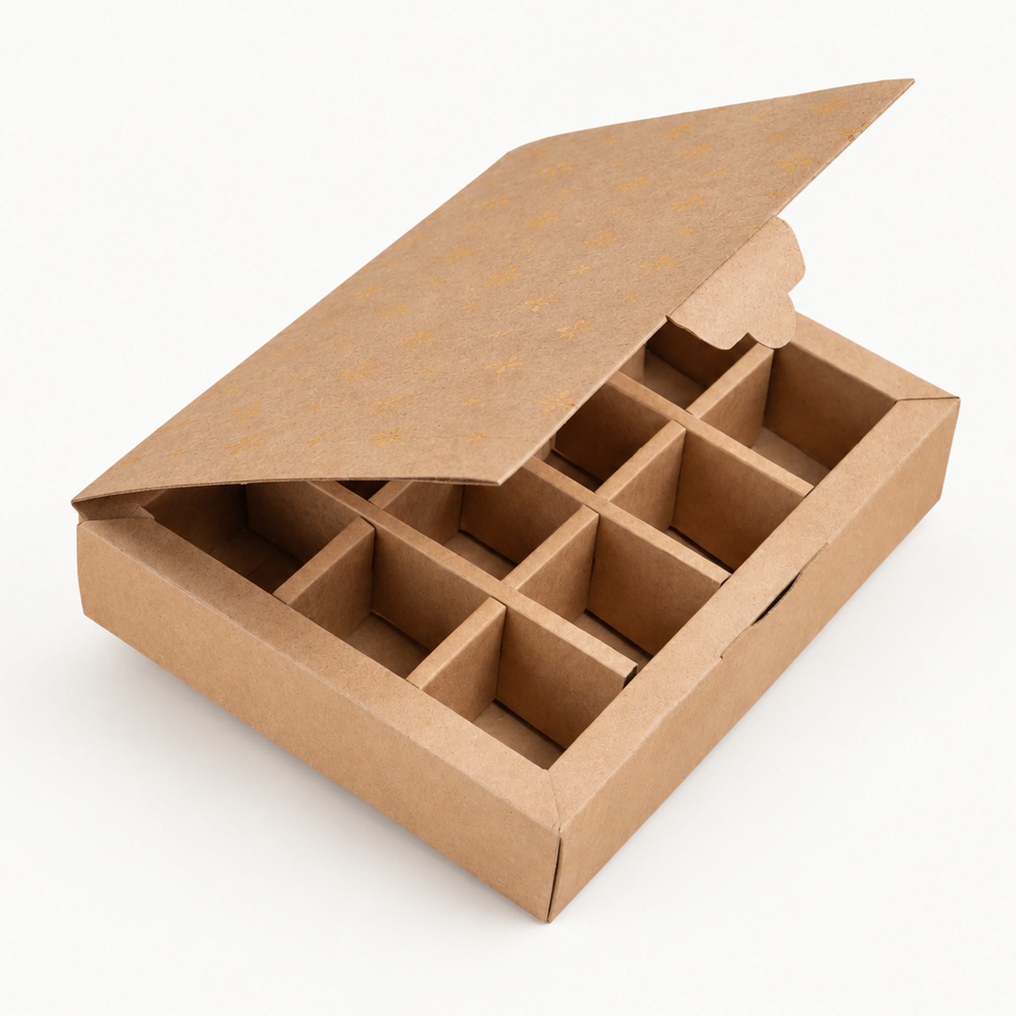 Cropped detail of the kraft & gold nine-compartment gift box.