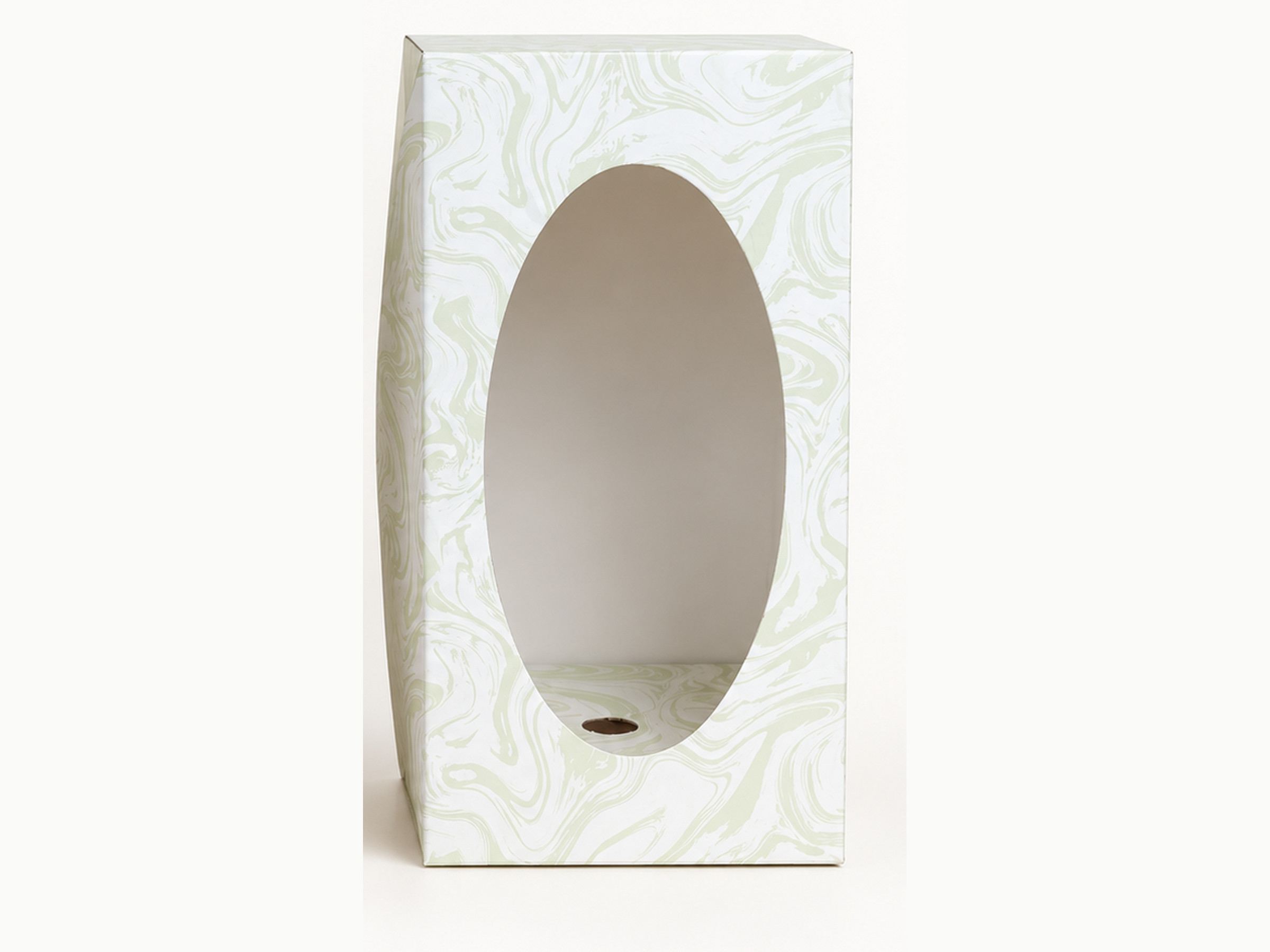 Sage Green upright swirl-pattern gift box with a large oval window.