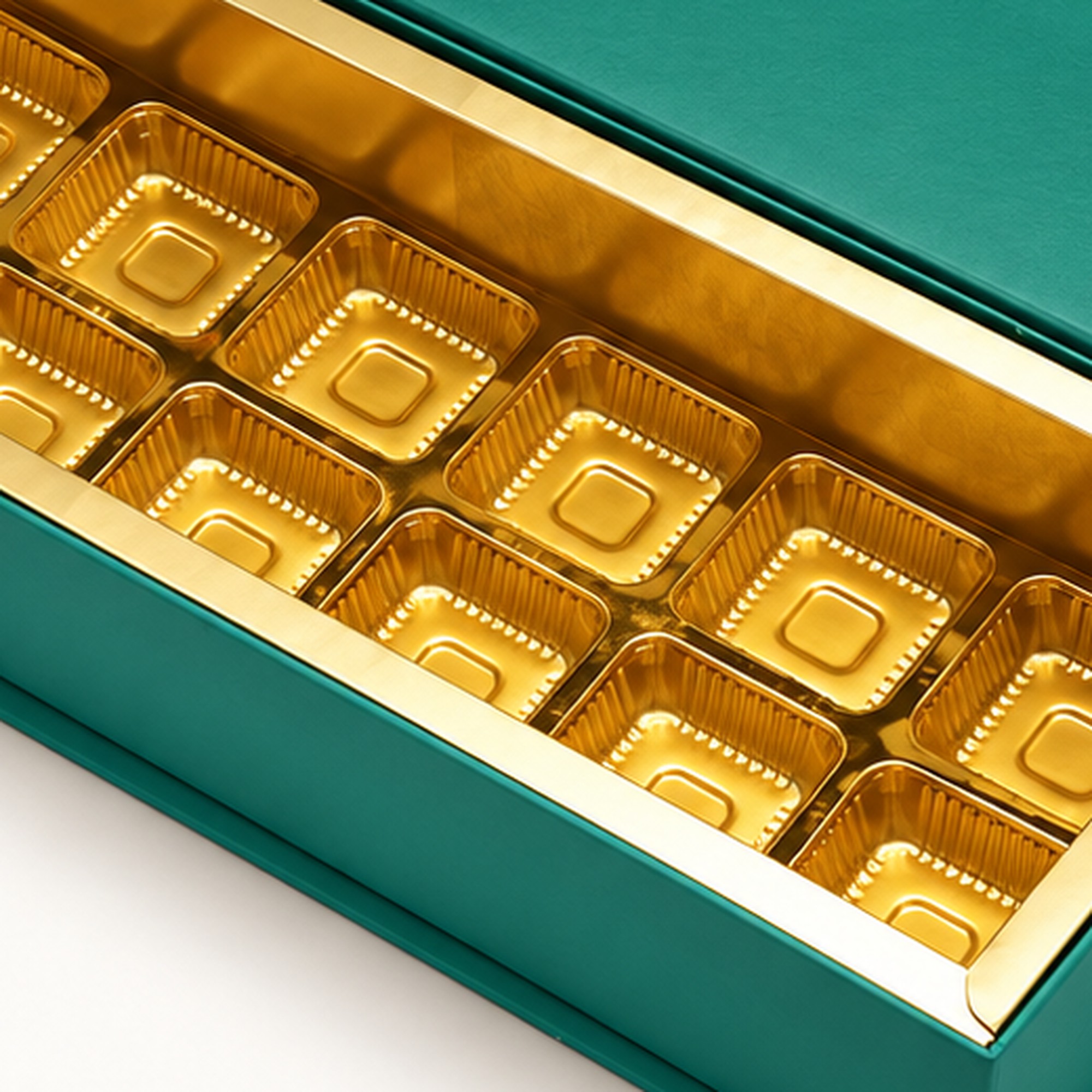 Open teal sweet box with a raised lid and twelve gold cavities arranged in two rows of six. Close-up detail of the gold cavity insert.