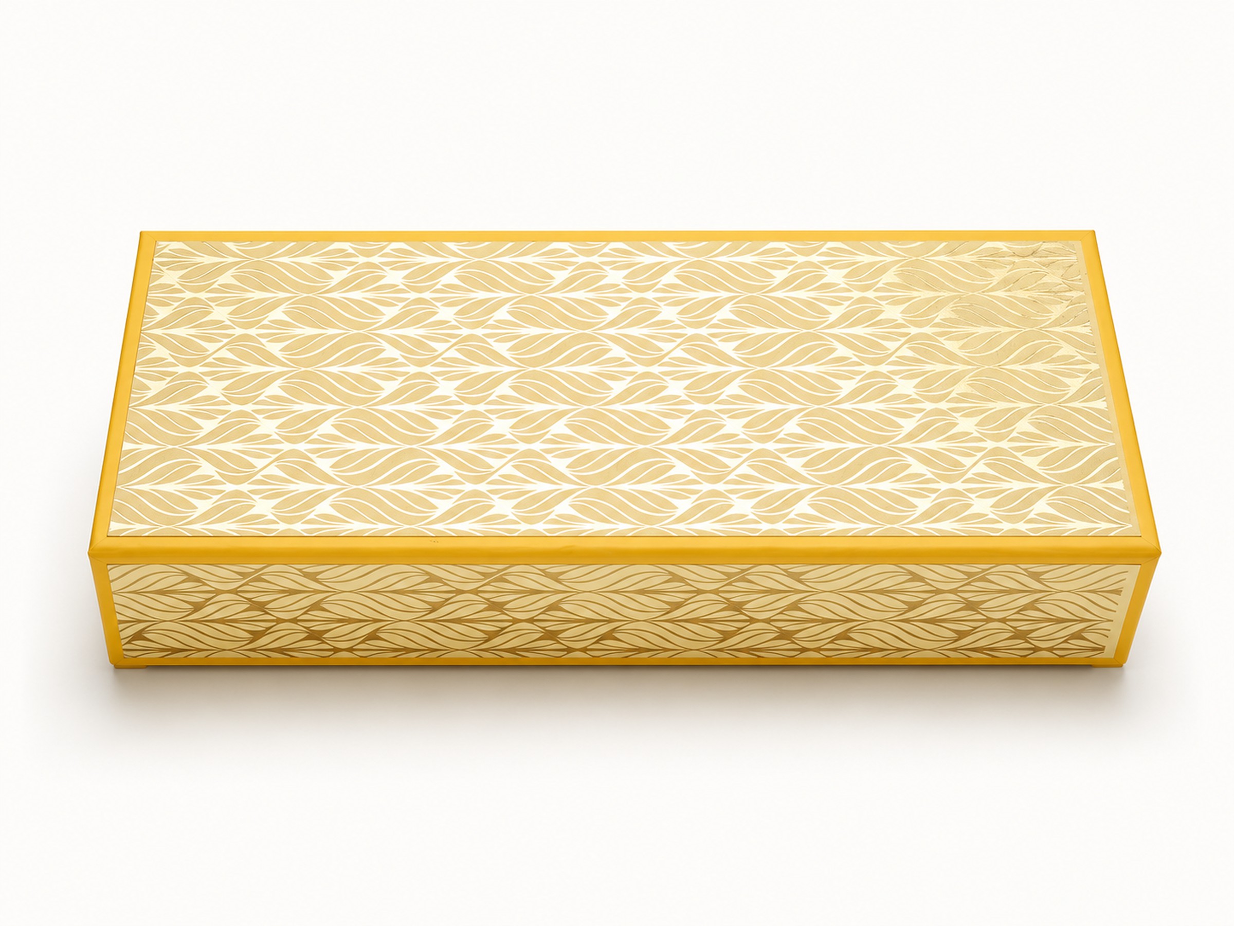 Closed yellow sweet box with cream and gold leaf-pattern panels and yellow edging.