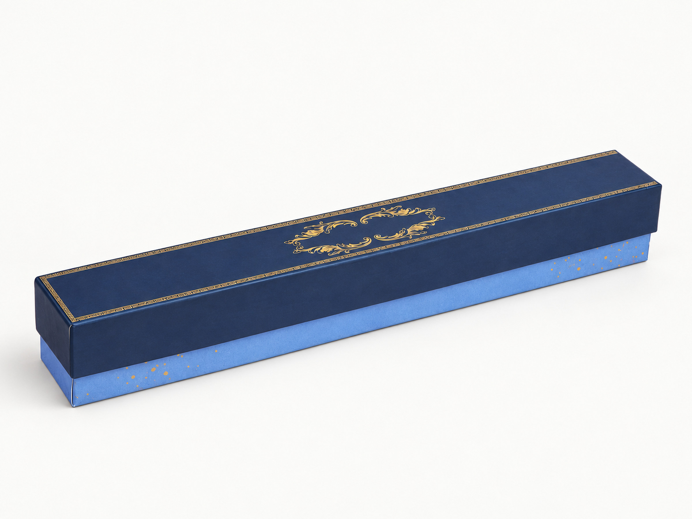 Long narrow gift box with a navy lid, blue base and gold ornamental edging.
