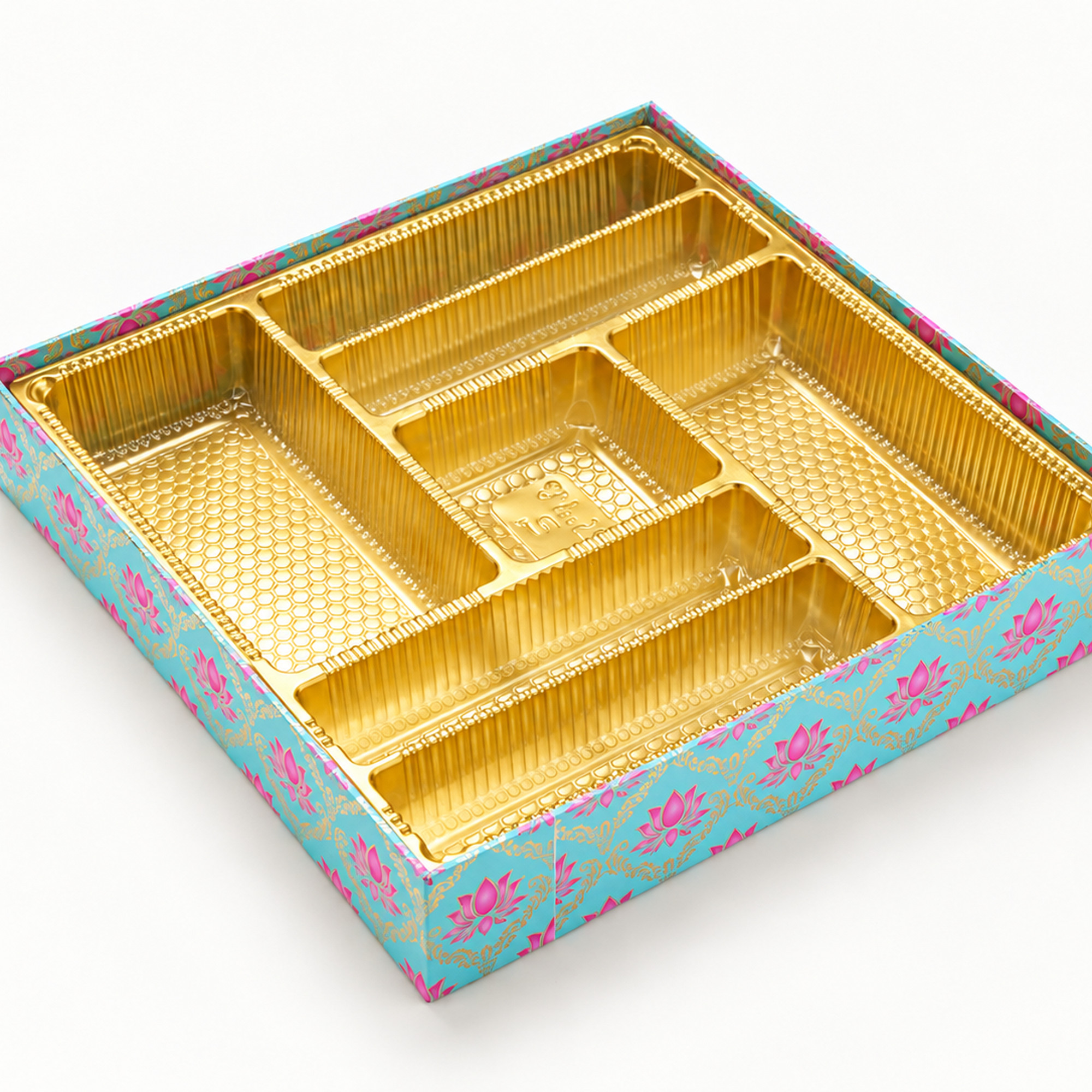 Detail of the turquoise lotus compartment gift box showing the gold-coloured insert.