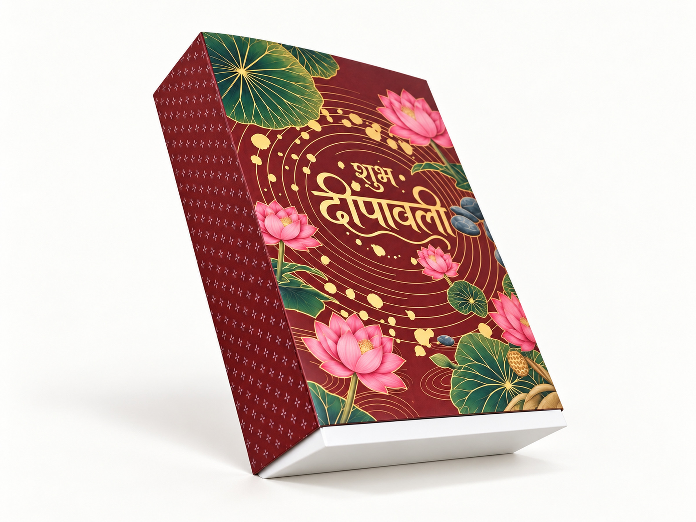 Closed burgundy sleeve gift box with pink lotus flowers, green leaves and gold Shubh Deepawali lettering.