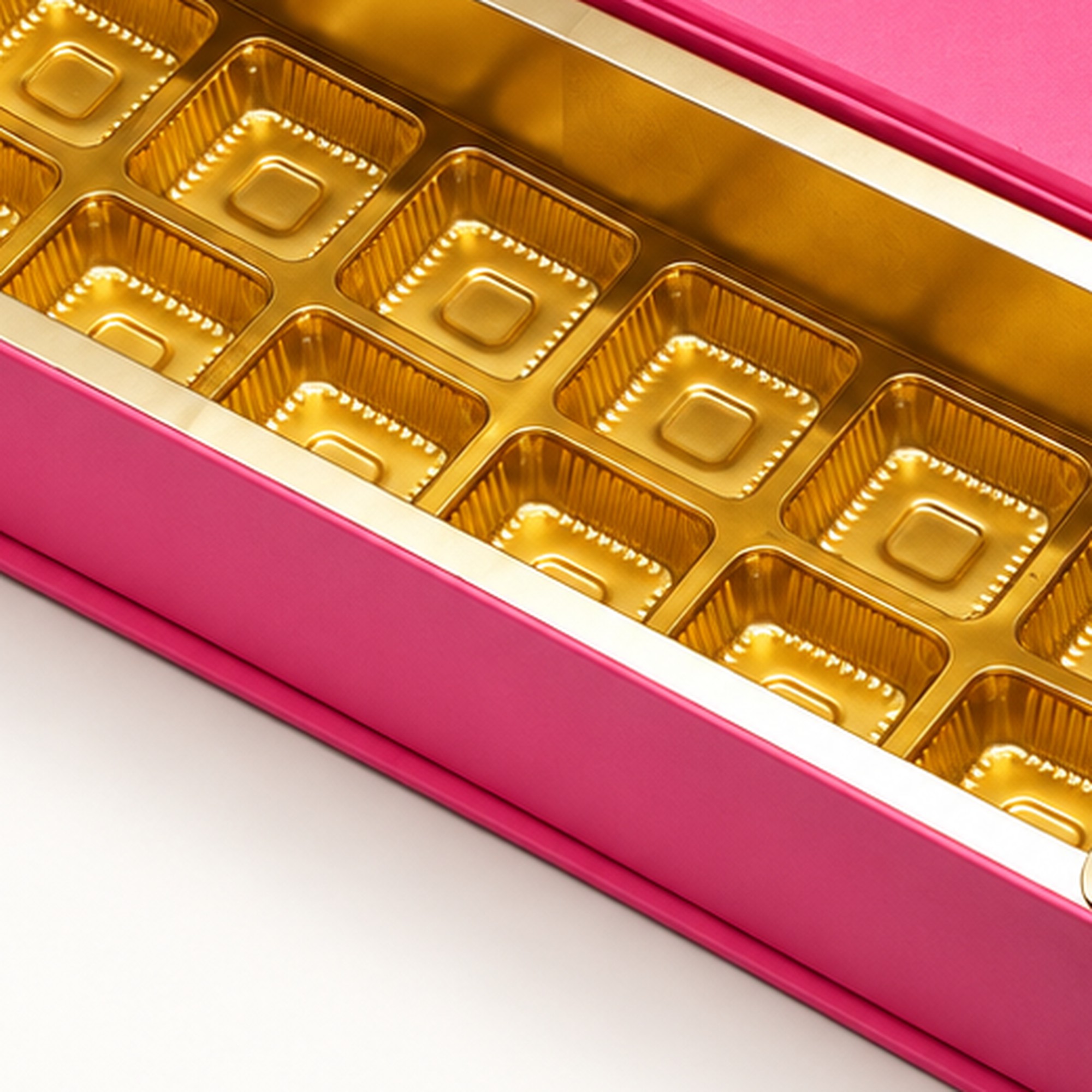 Open pink sweet box with a raised lid and twelve gold cavities arranged in two rows of six. Close-up detail of the gold cavity insert.