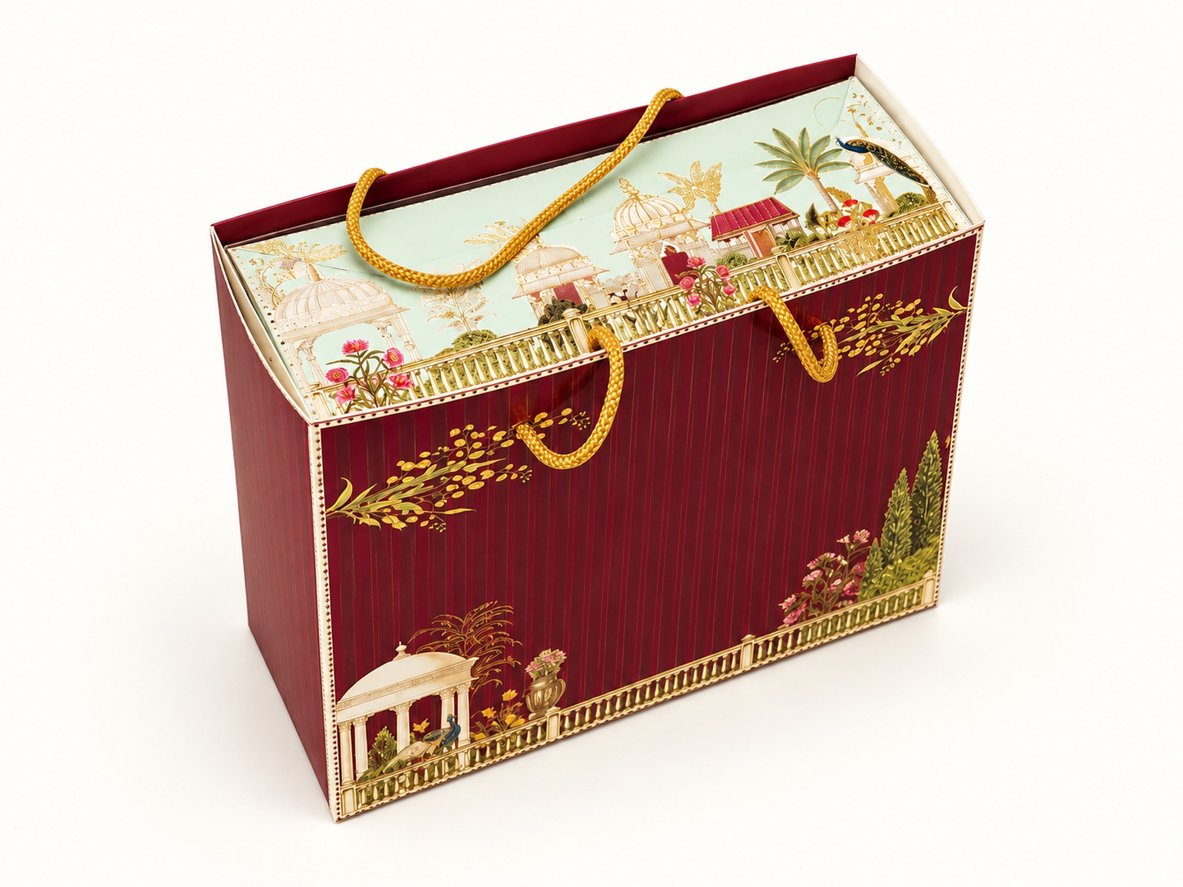 Angled top view of a burgundy rope-handle hamper carrier showing its mint palace-garden lid panel.