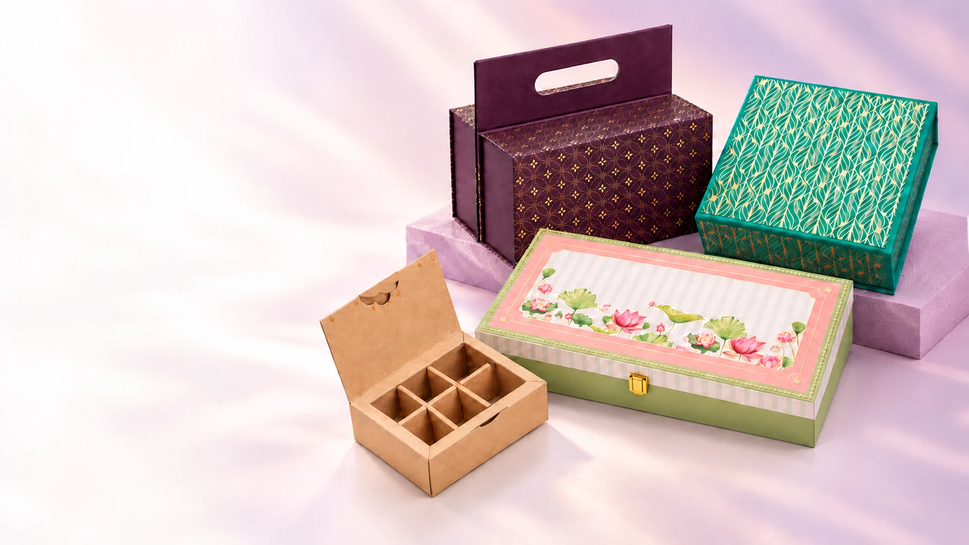 Boxly premium box collage with a burgundy handle box, teal gold-leaf gift box, pastel lotus clasp box and open kraft compartment box
