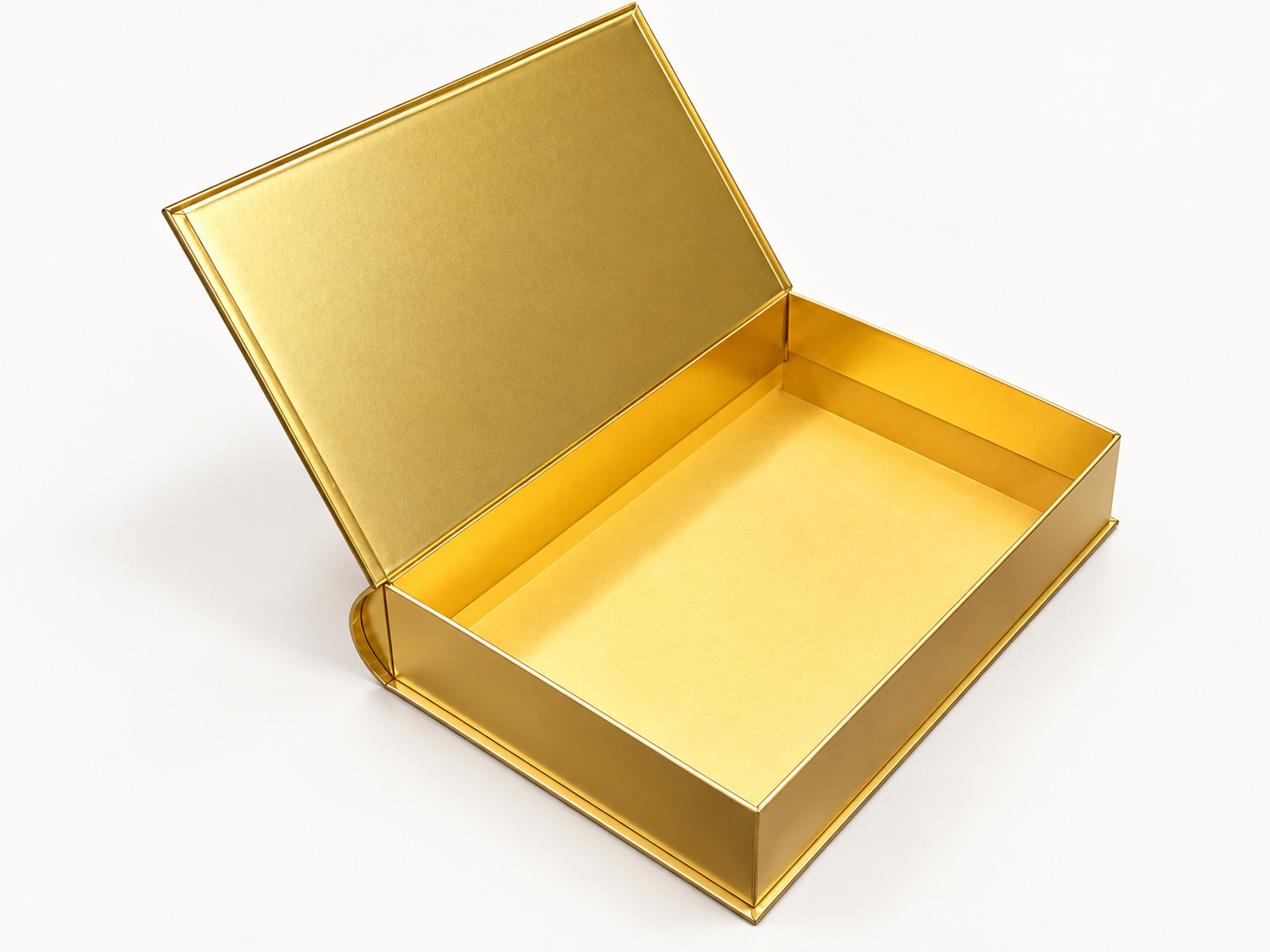 Open book-style gift box showing its empty gold-coloured interior and hinged lid.