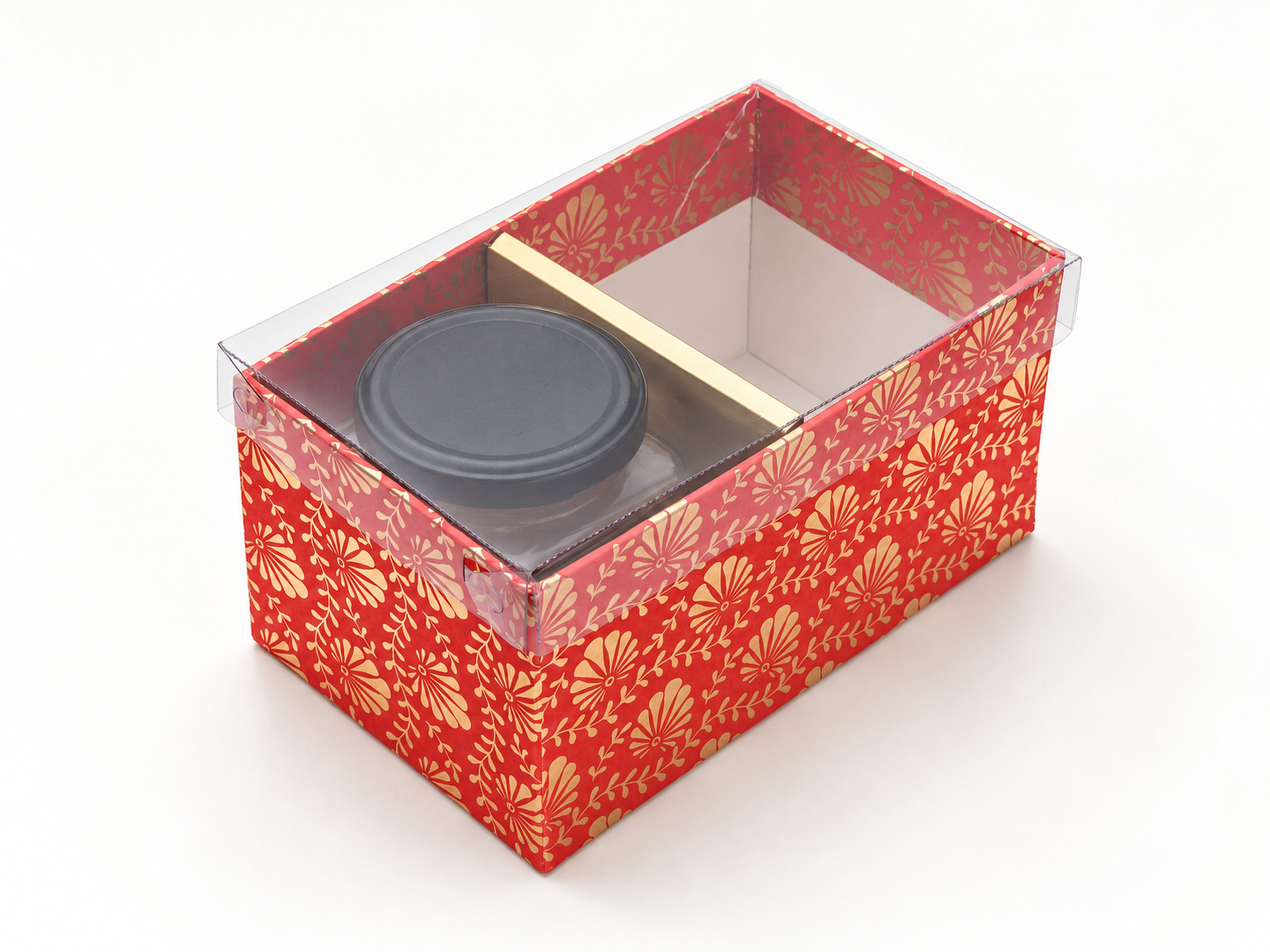 Red floral jar hamper box with a clear lid, one gold divider and a black-lidded display jar.