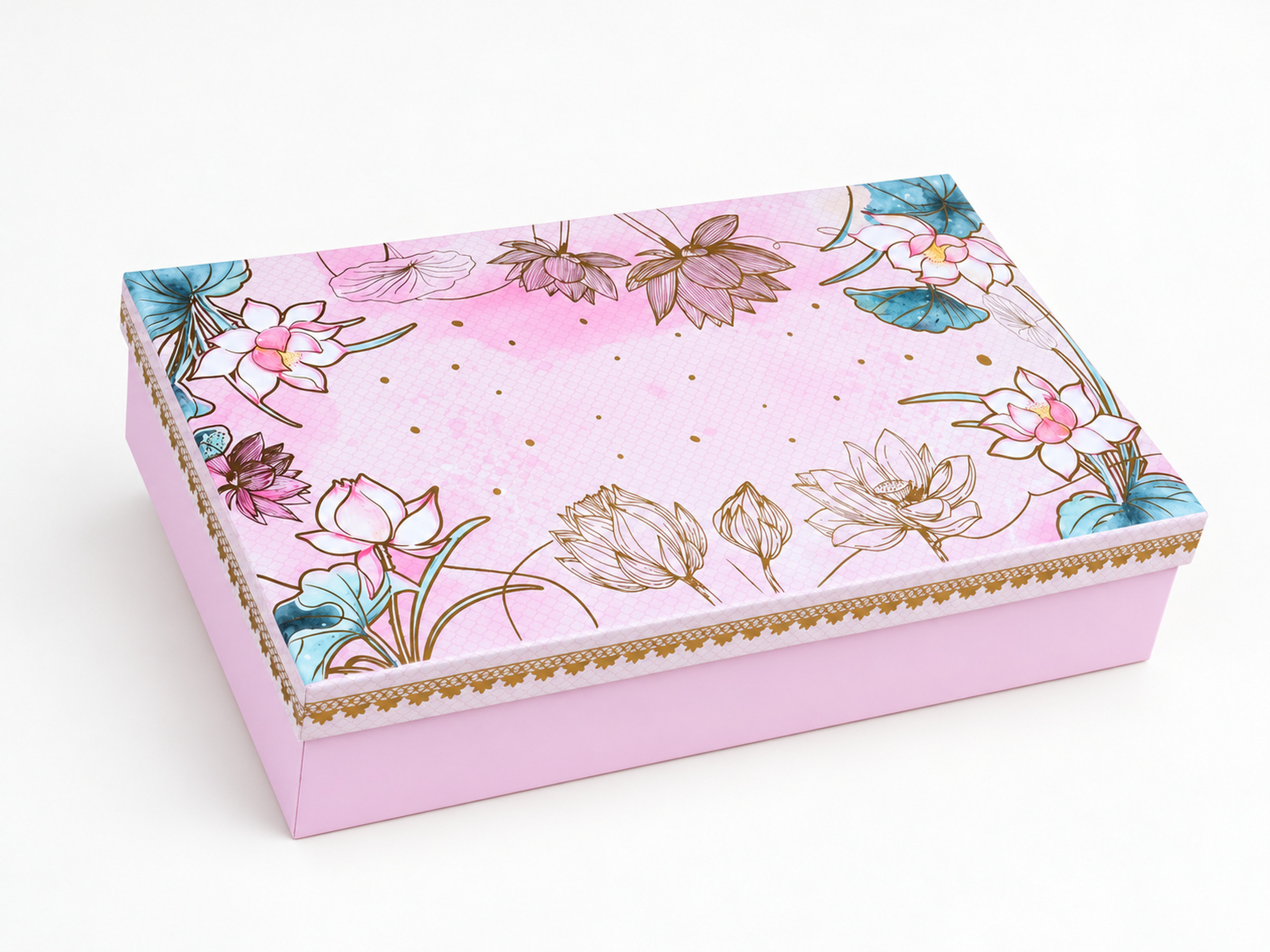 Closed pink gift box with lotus flower illustrations, blue-green leaves and a gold decorative lid border.