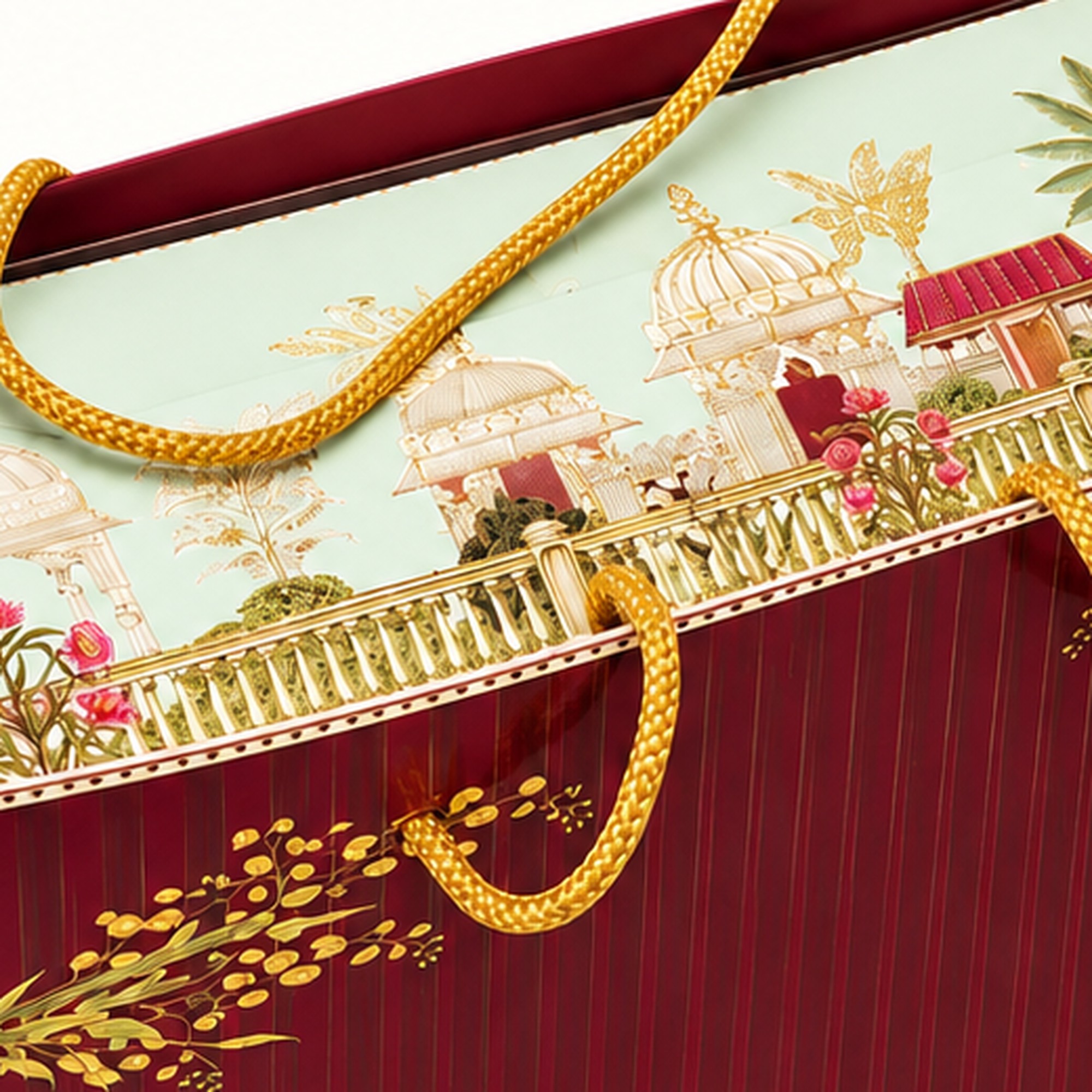 Close-up of the printed palace-garden artwork on the hamper packaging.