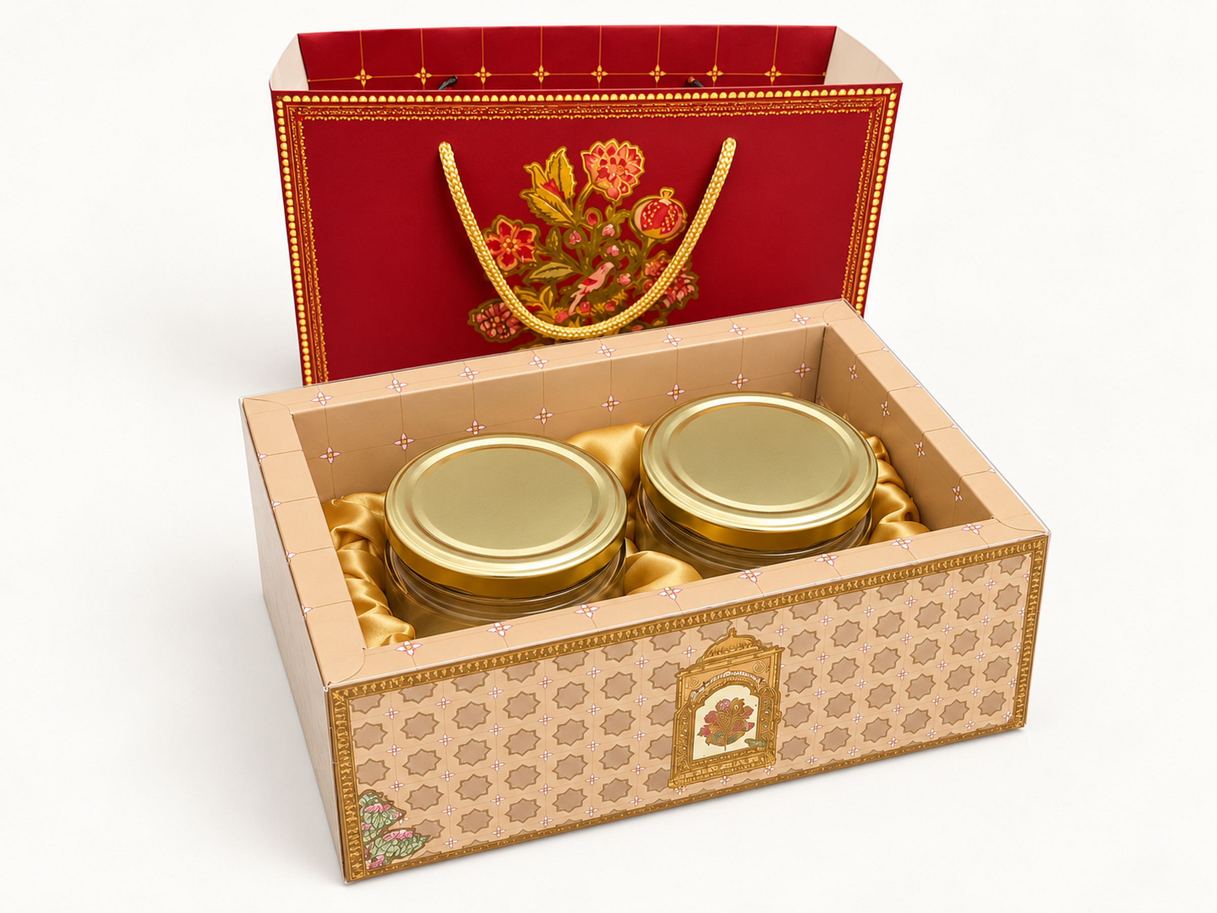 Red floral rope-handle sleeve behind an open patterned tray holding two gold-lidded jars in gold-coloured fabric.