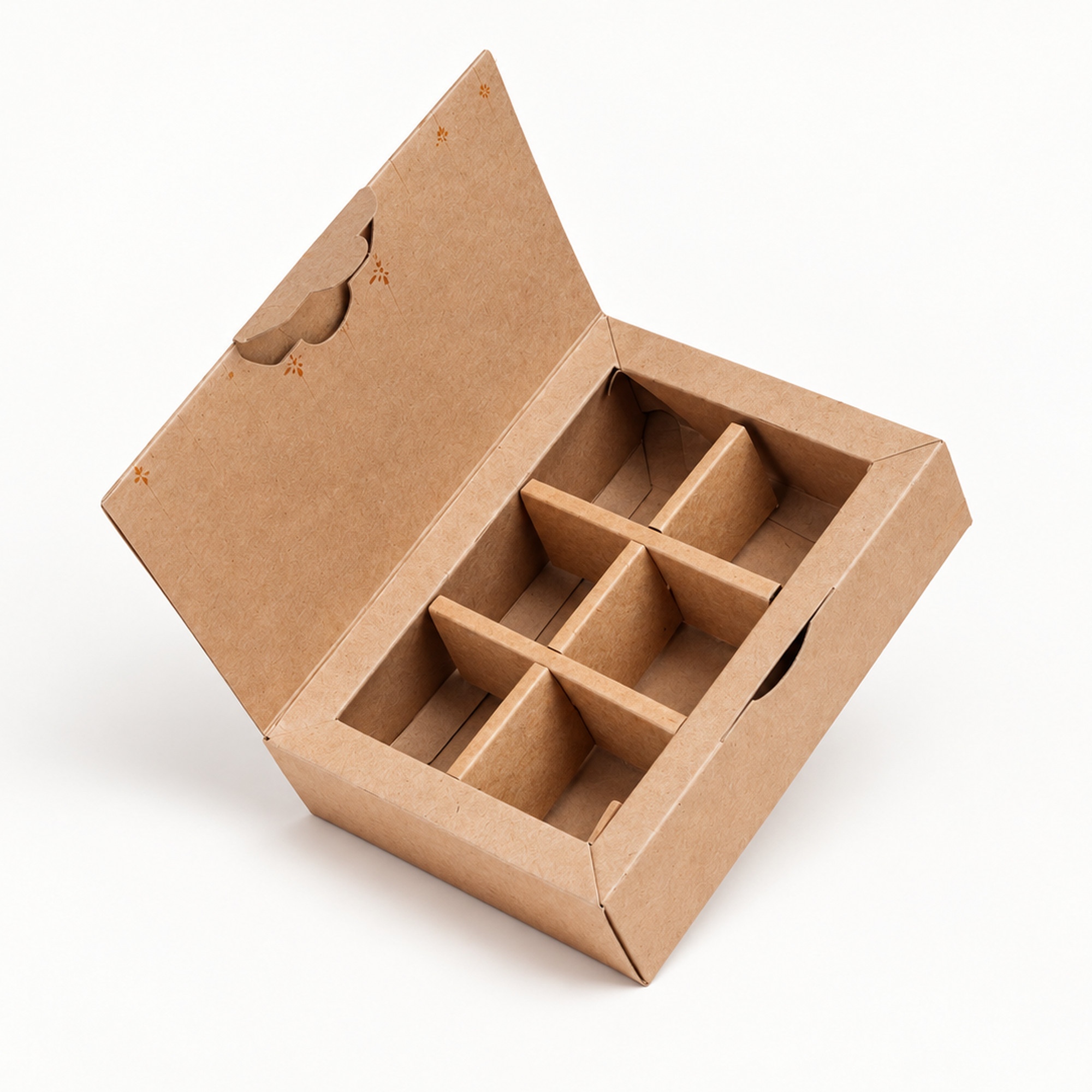 Cropped detail of the kraft & gold six-compartment gift box.