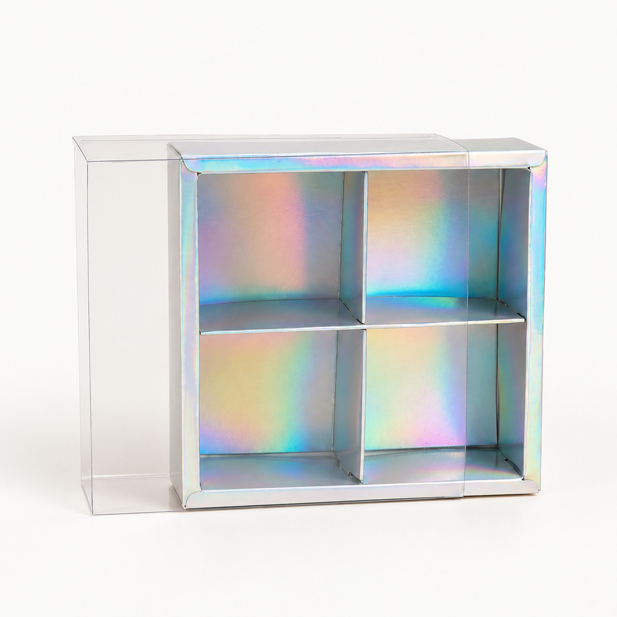 Cropped detail of the iridescent four-compartment clear-lid gift box.