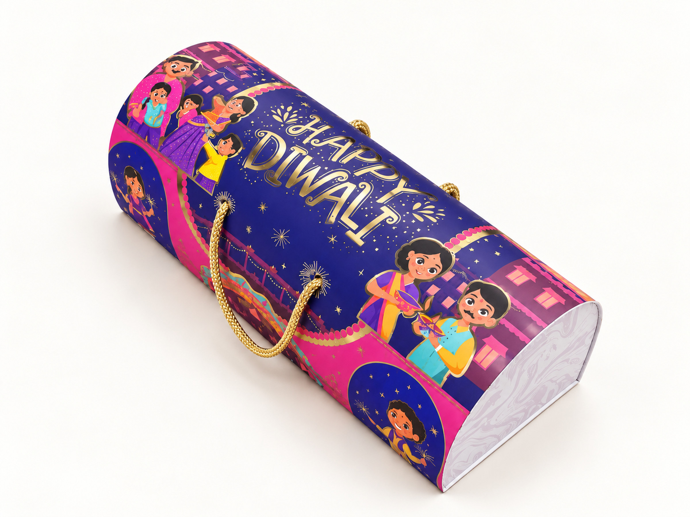Navy and pink arched hamper box with Diwali celebration illustrations and gold-coloured rope handles.