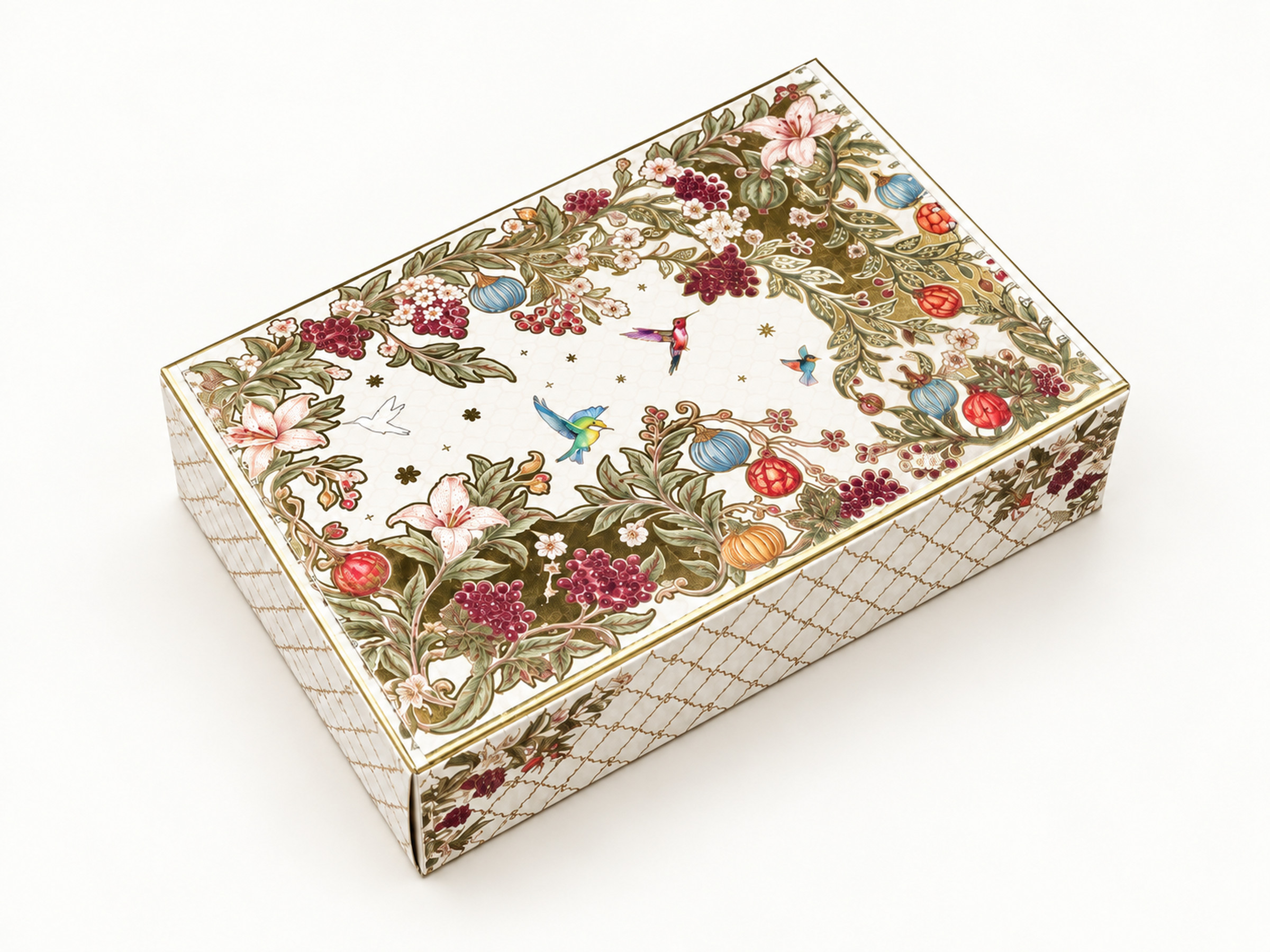 Cream rectangular gift box with floral borders, fruit, hummingbirds and a gold-coloured lattice side pattern.