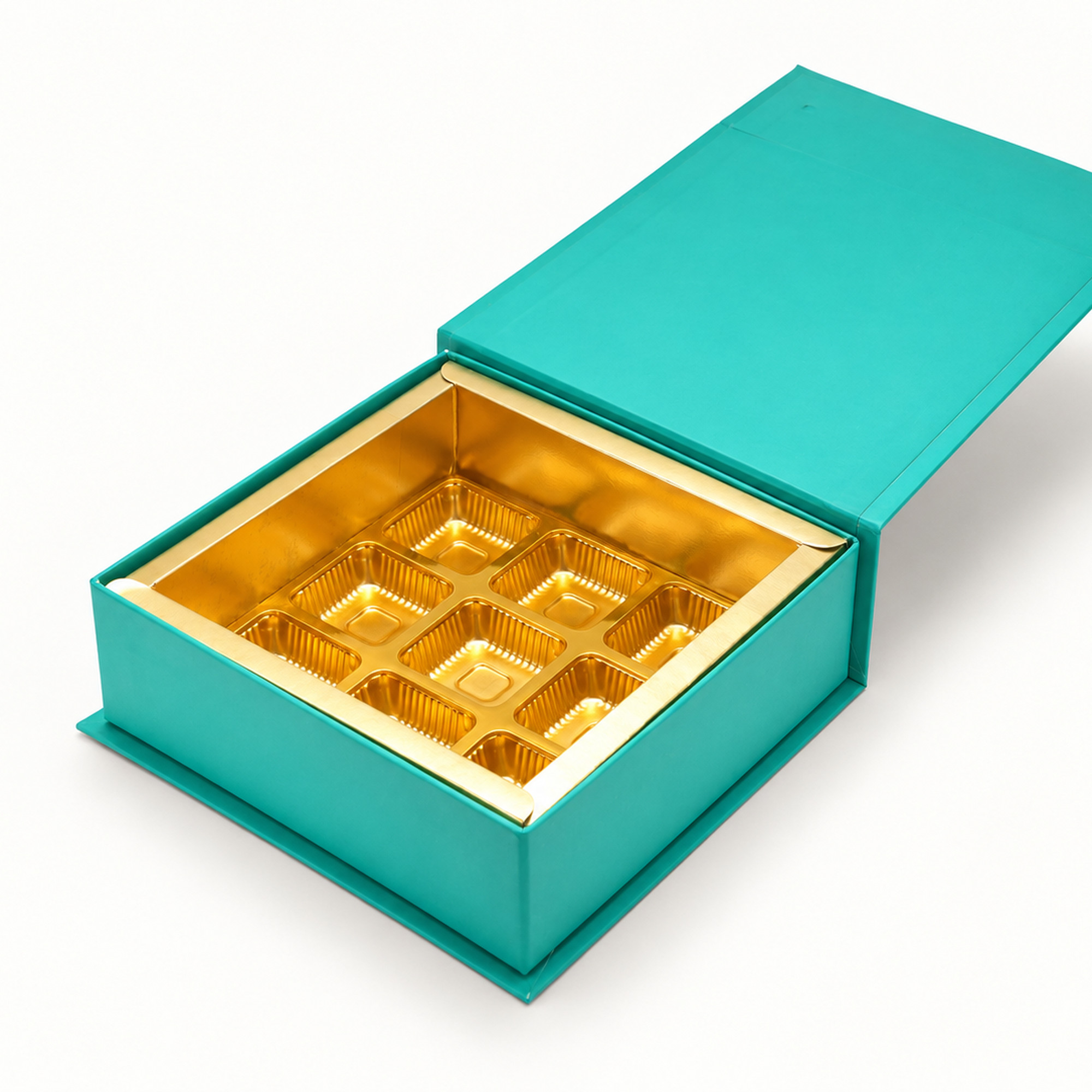 Teal & Gold Nine-Cavity Chocolate Box, shown in a square detail crop.