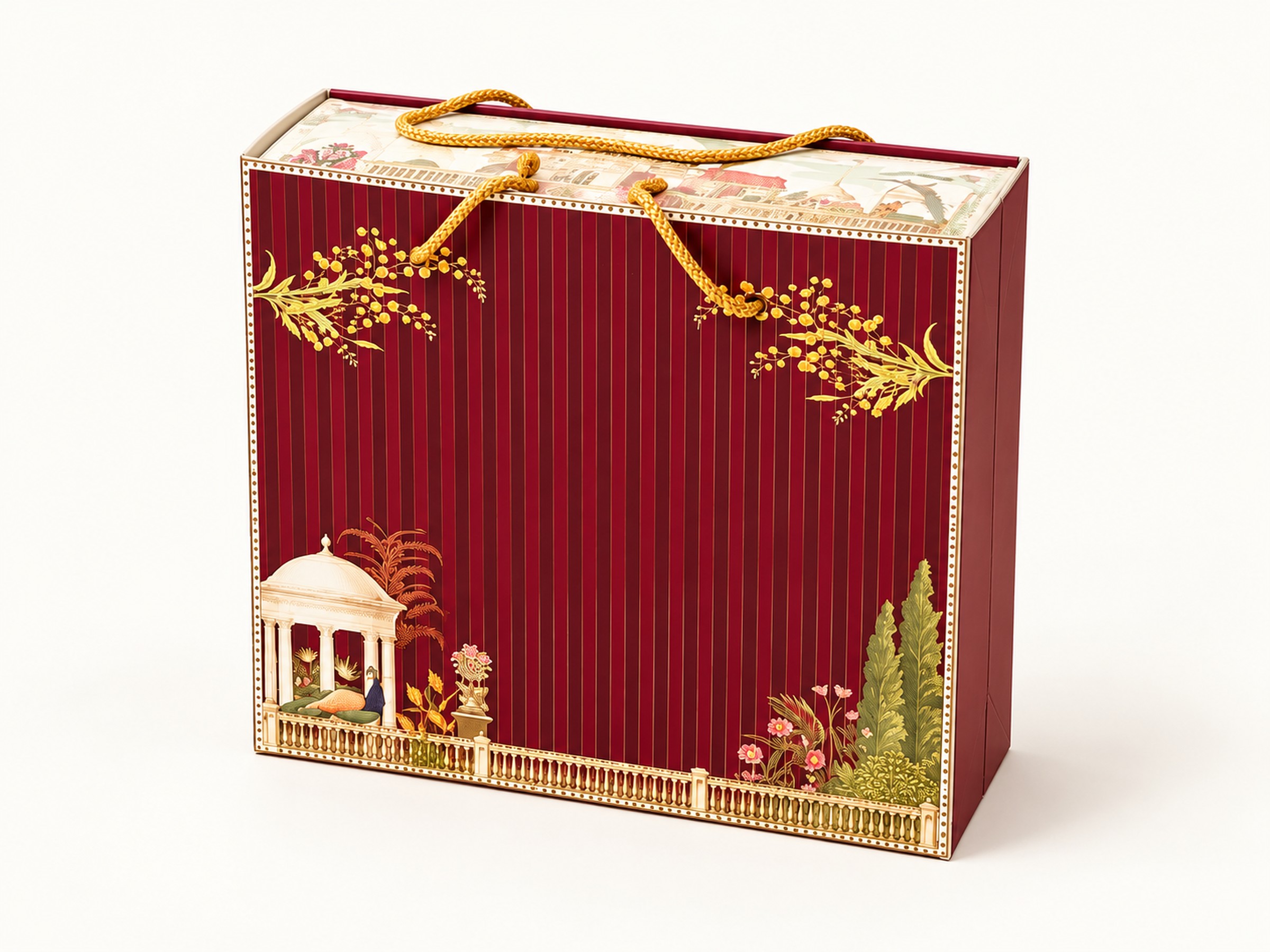 Front three-quarter view of a burgundy striped hamper carrier with gold rope handles, botanical branches and palace-garden artwork.