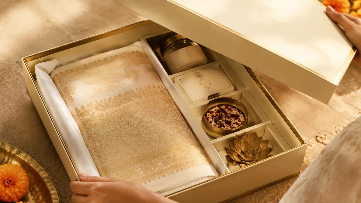 Ivory and gold premium gift box opened to show a folded textile and small gifts arranged in an insert, with marigolds nearby