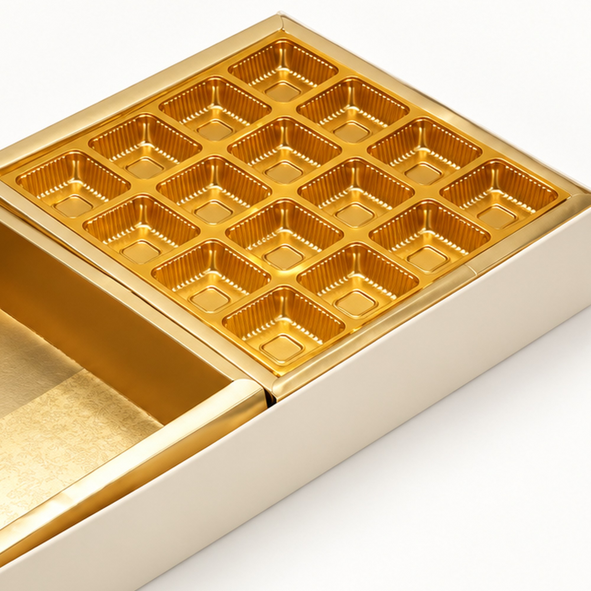 Close-up of the gold sixteen-cavity insert in the ivory sweet box.