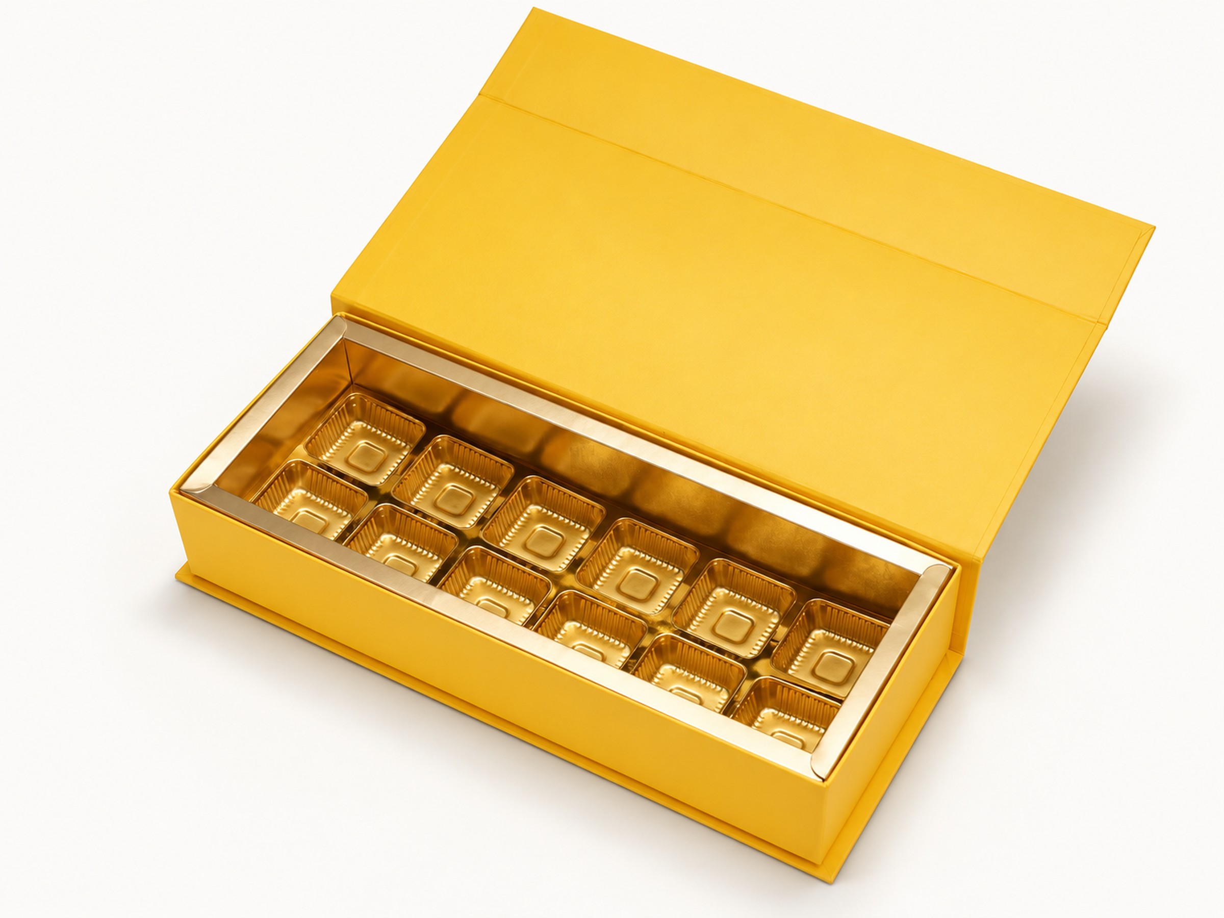 Open yellow sweet box with a raised lid and twelve gold cavities arranged in two rows of six.