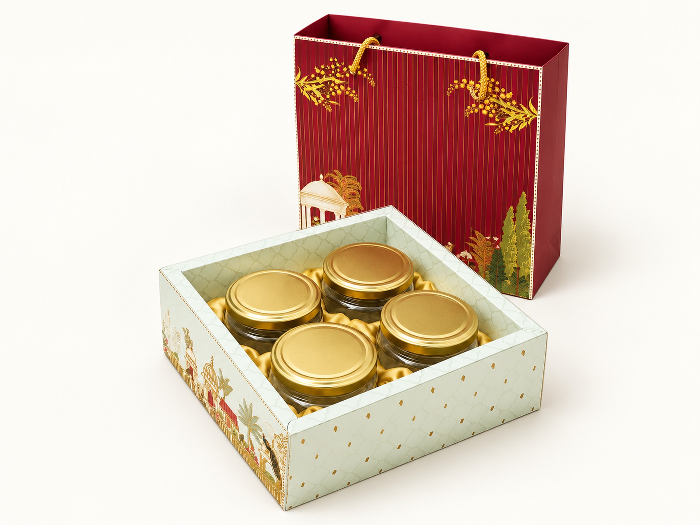Burgundy palace-garden rope-handle carrier behind an open mint patterned tray holding four gold-lidded glass jars in gold satin lining.