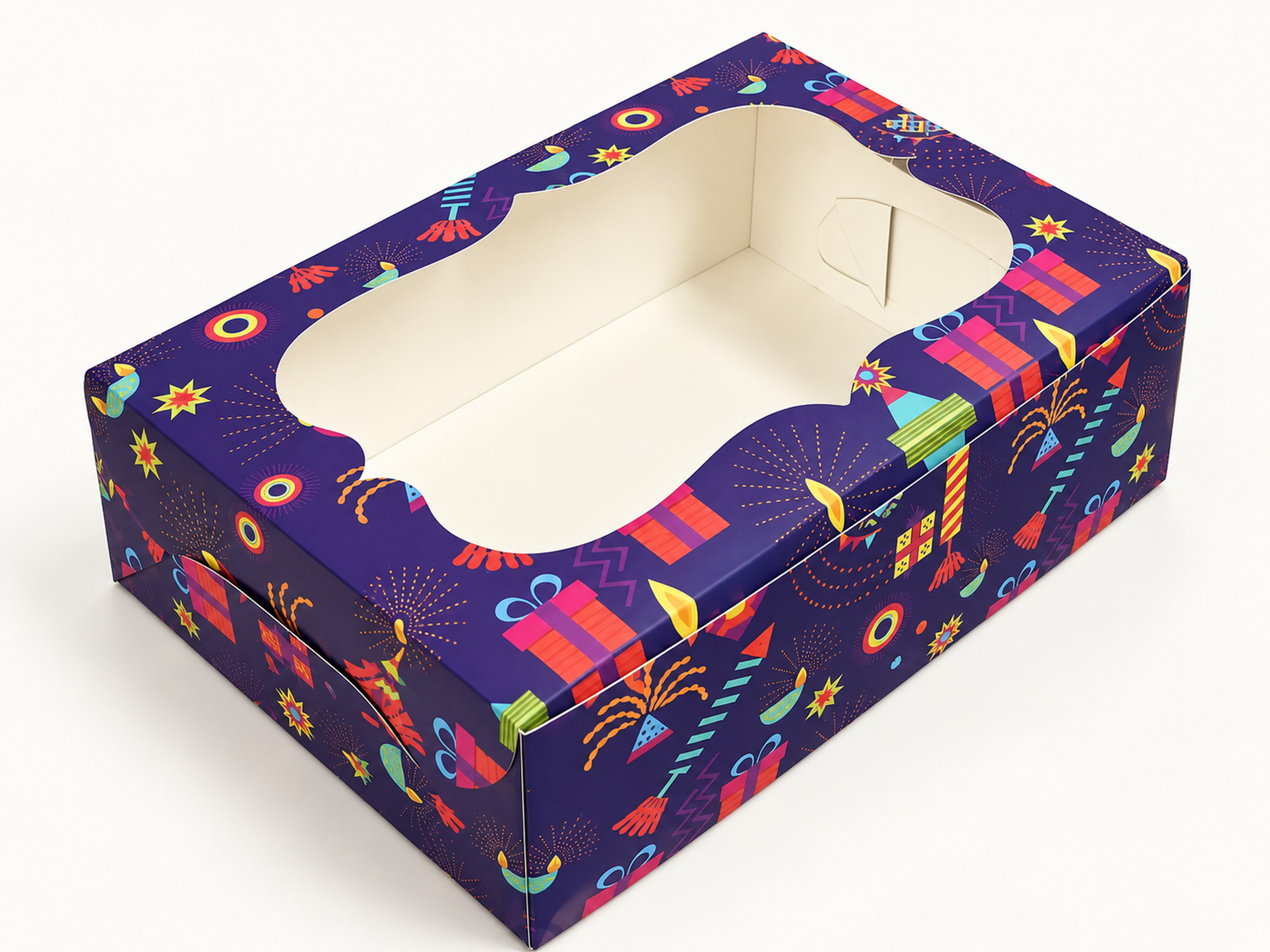 Purple festive gift box with a scalloped window, colourful gift and firework motifs, and an empty ivory interior.
