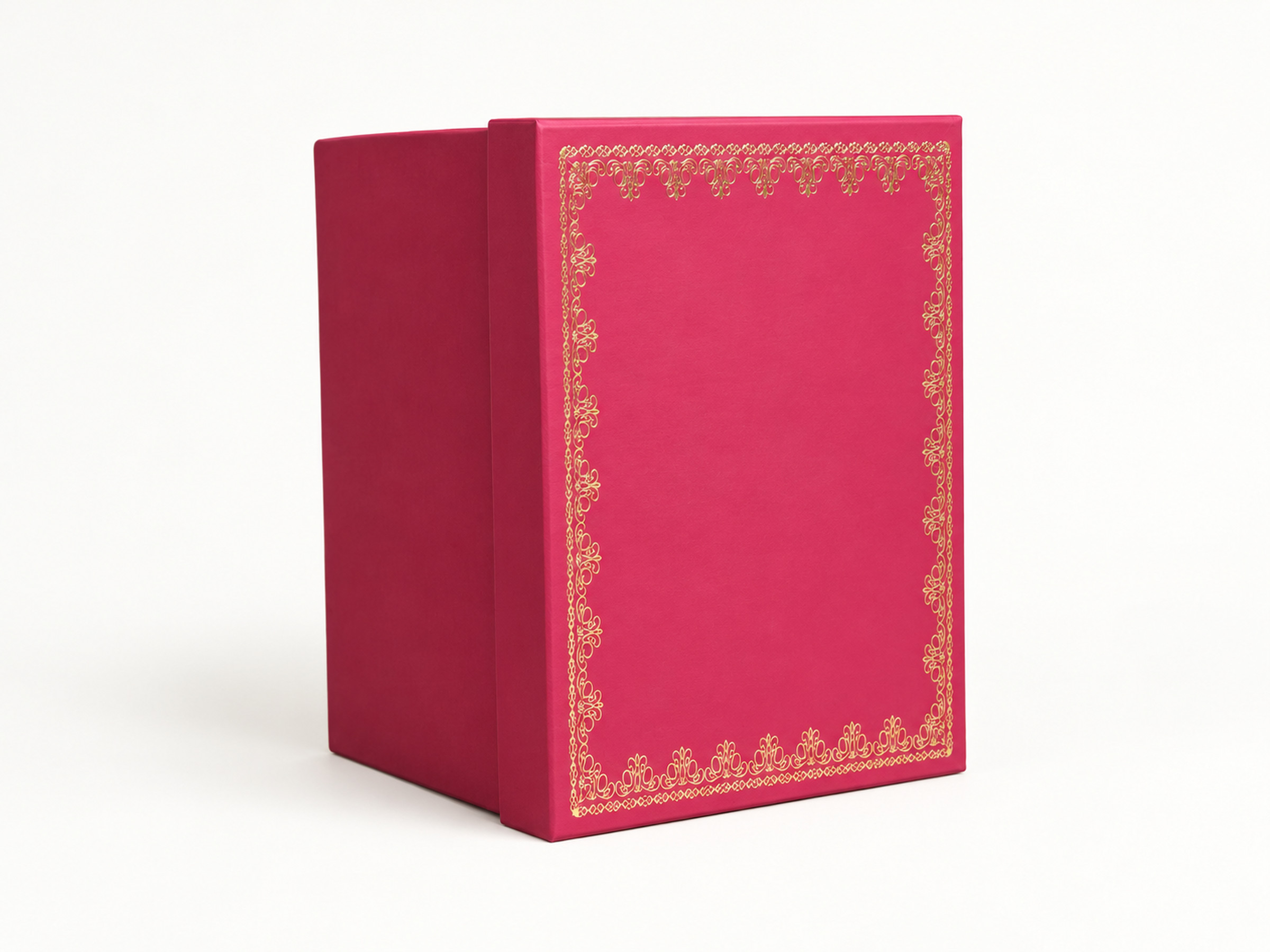 Closed pink wedding gift box with a gold ornamental border, shown upright.