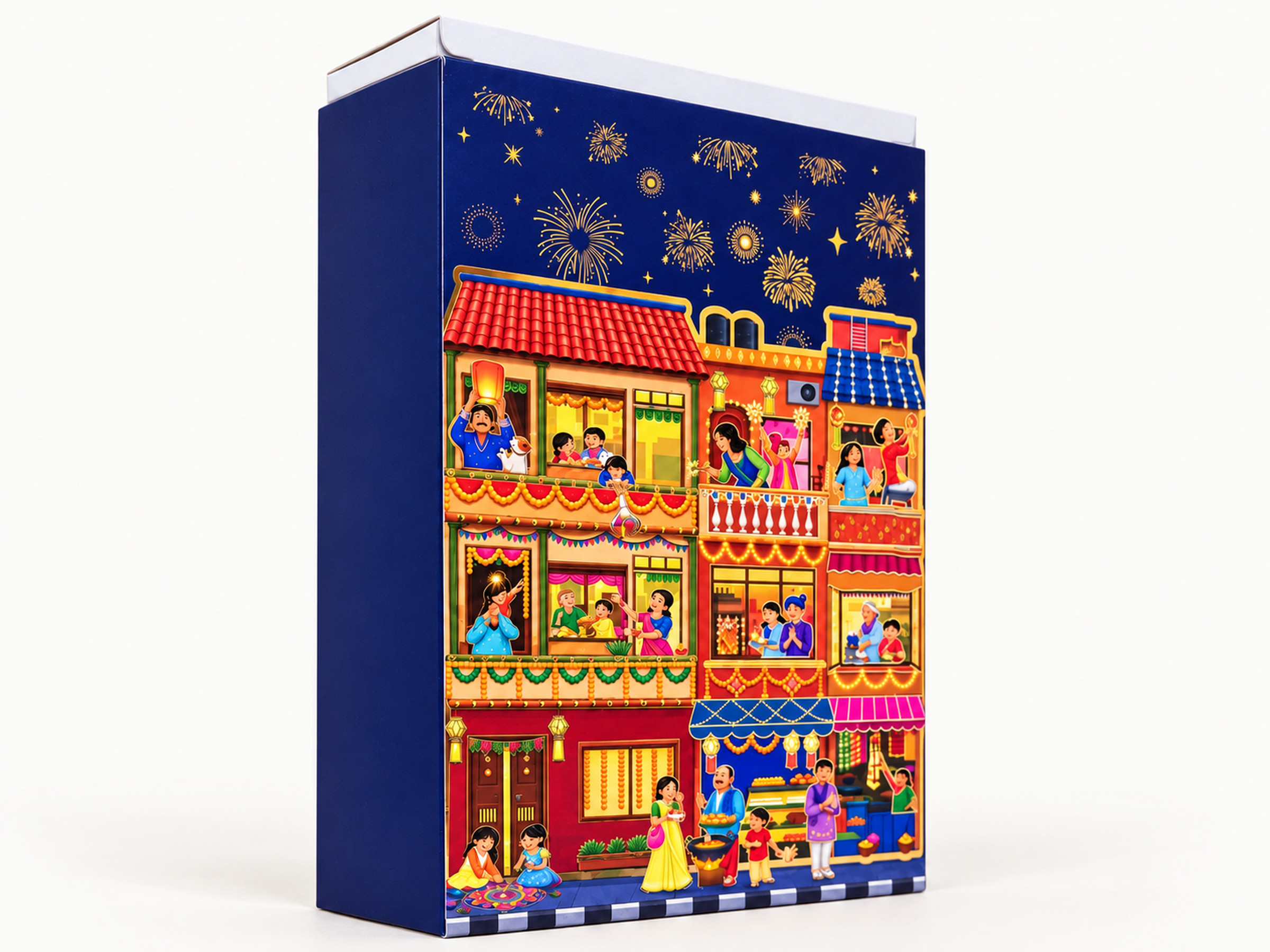 Closed navy sleeve gift box with a colourful illustrated Diwali street scene and gold fireworks.