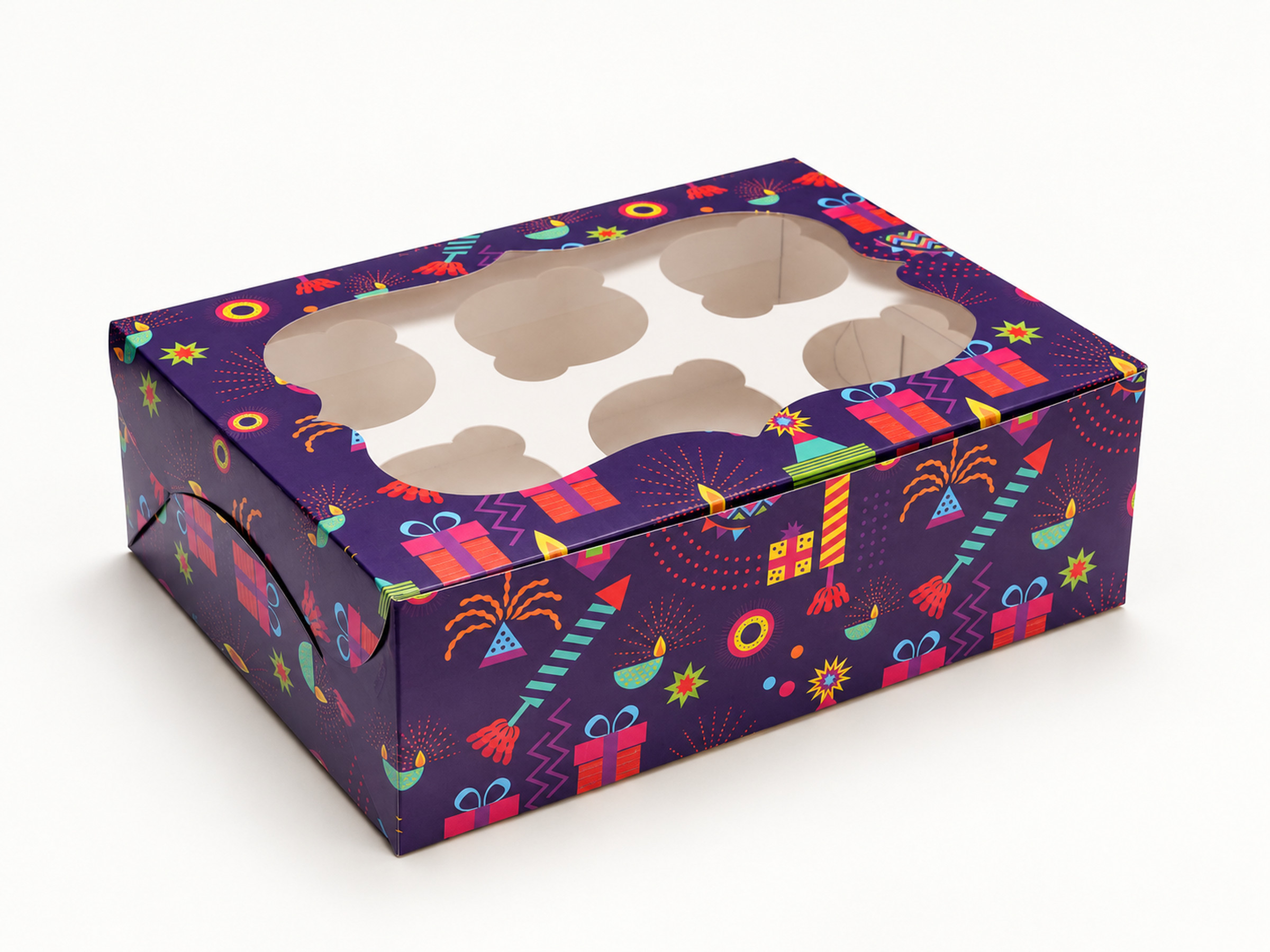 Purple festive cupcake box with colourful gift and firework motifs, a scalloped window and a six-hole insert visible inside.