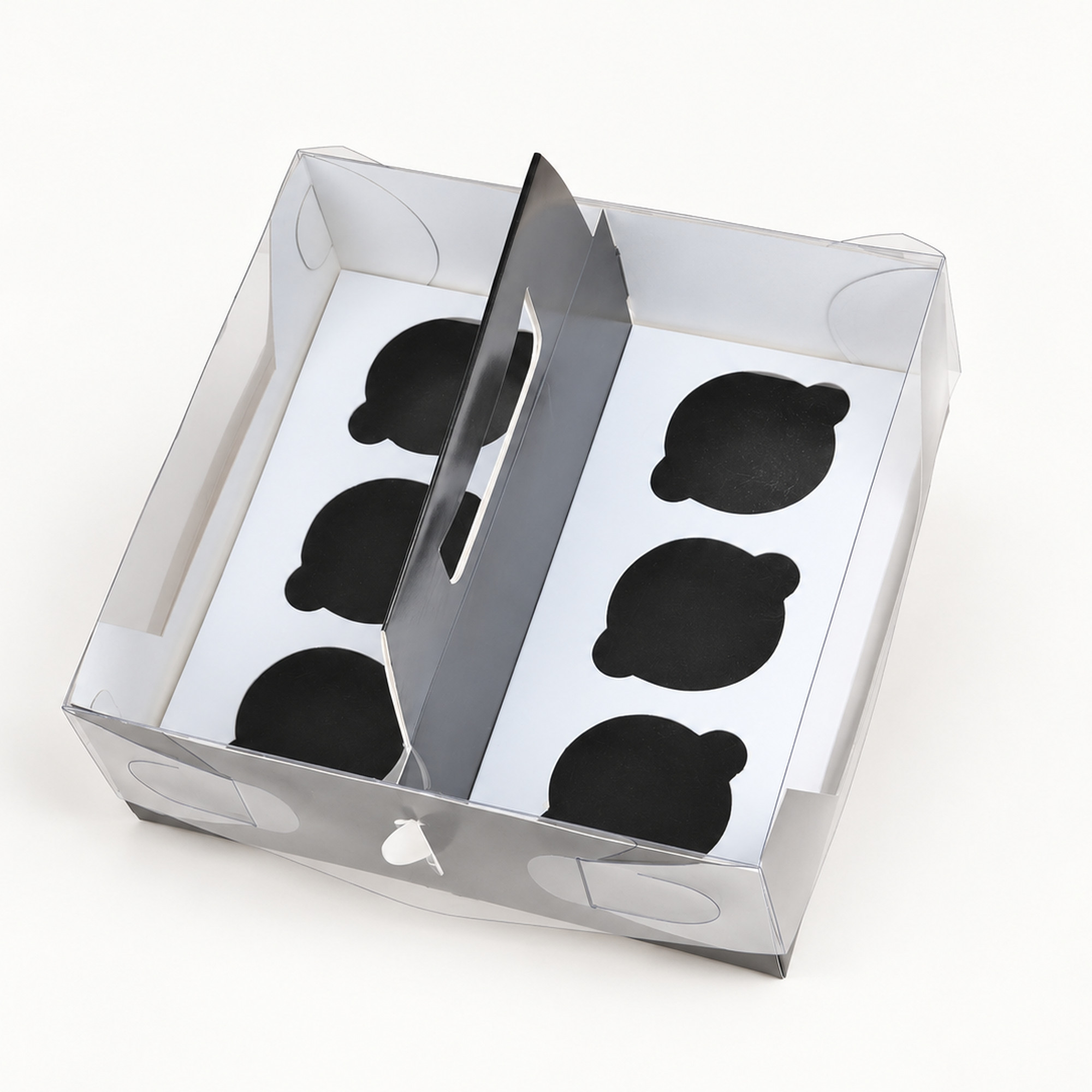 Cropped detail of the silver six-cupcake handle box.