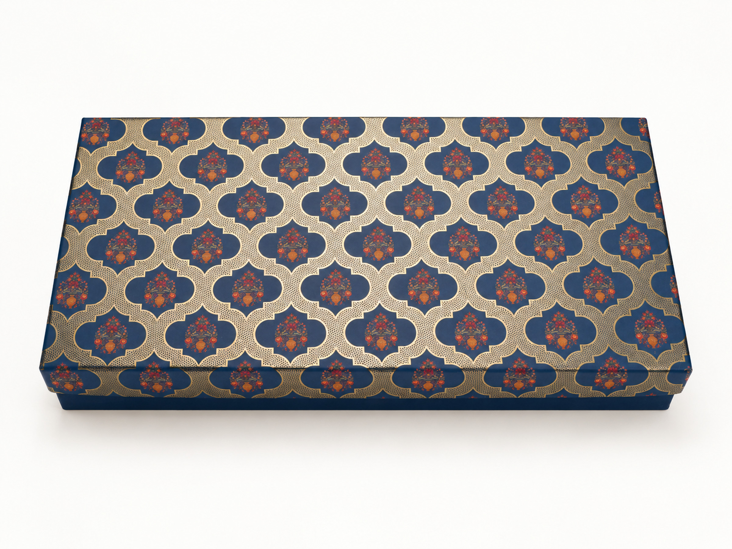 Closed navy rectangular gift box with a gold arch lattice and small red-orange floral motifs.