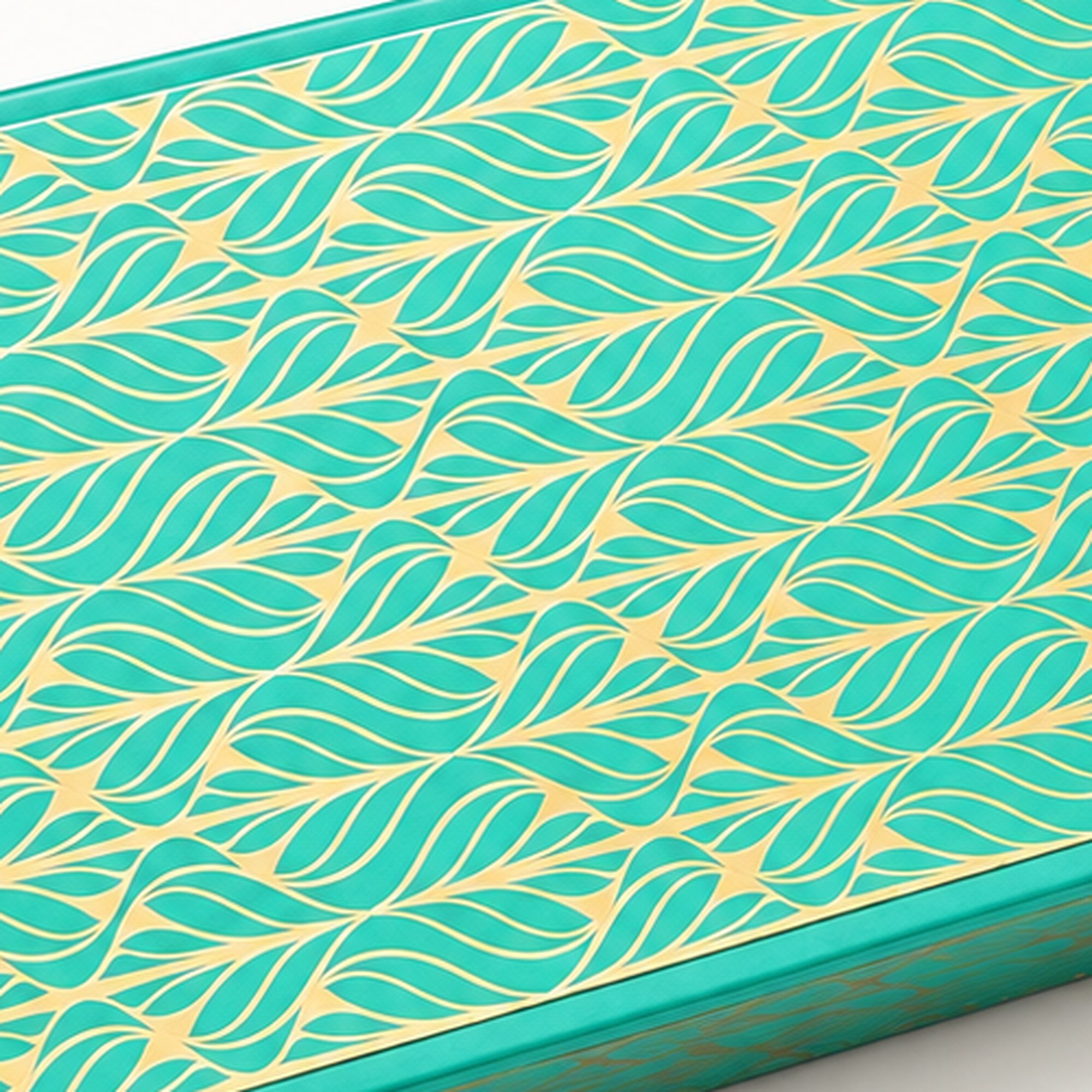 Teal sweet box with a slightly lifted lid decorated with a repeating gold leaf pattern. Close-up detail of the gold leaf-pattern lid.